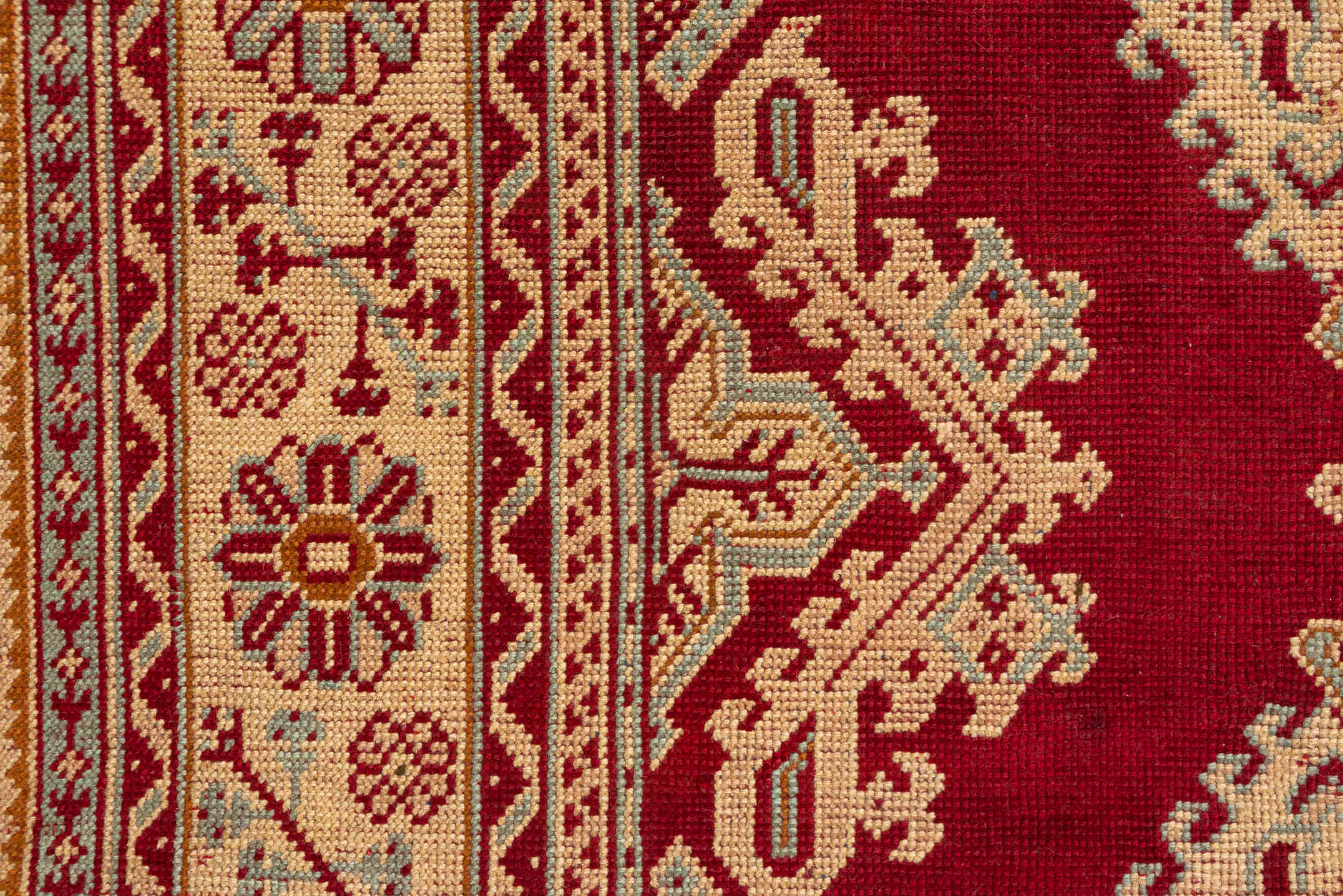 10' x 13' one-of-a-kind handmade antique Oushak large size rug. Color palette: crimson, ivory, beige, gold, rust, red