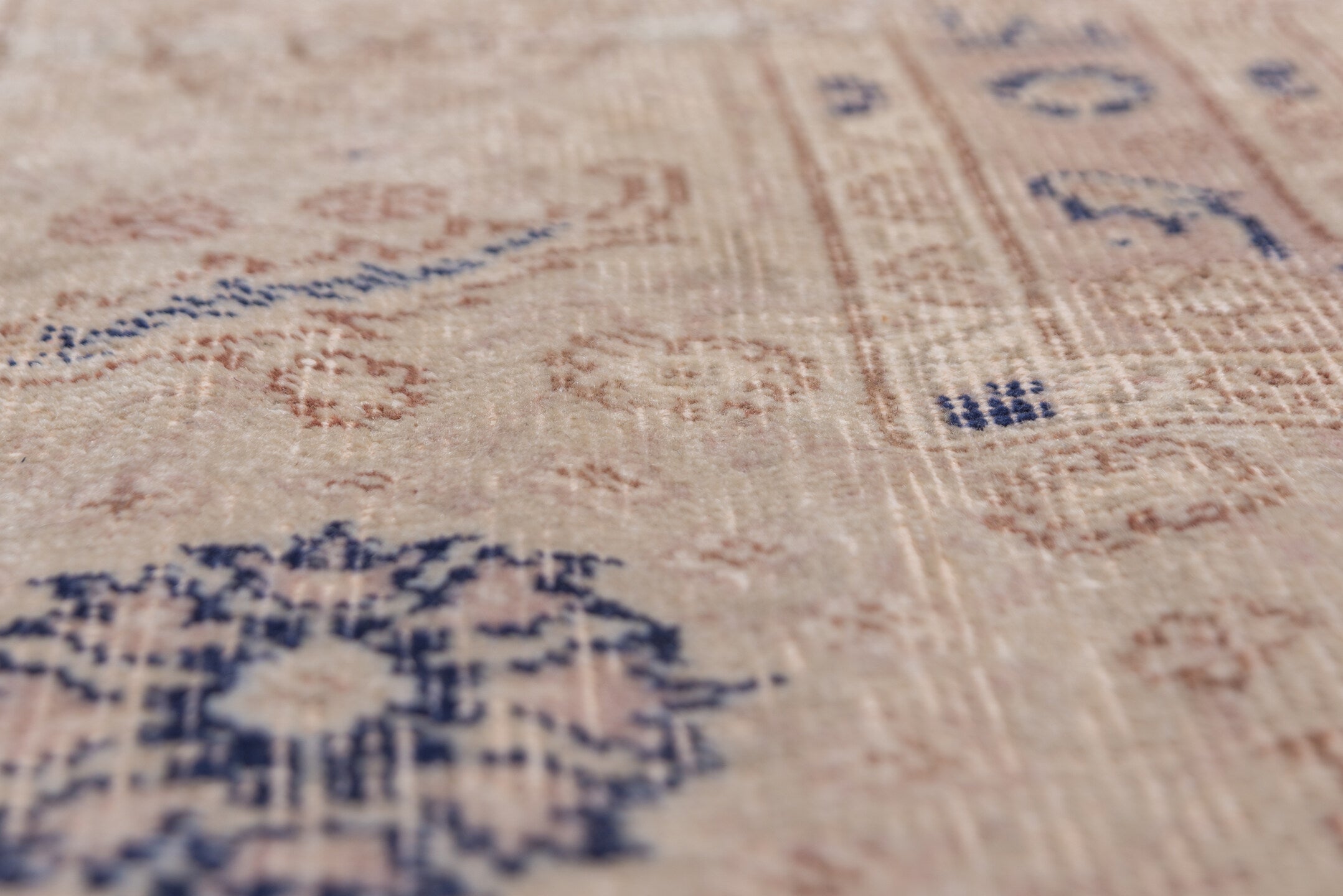 11' x 14' one-of-a-kind handmade antique Oushak oversize rug. Color palette: ivory, beige, pale blue, taupe, sand