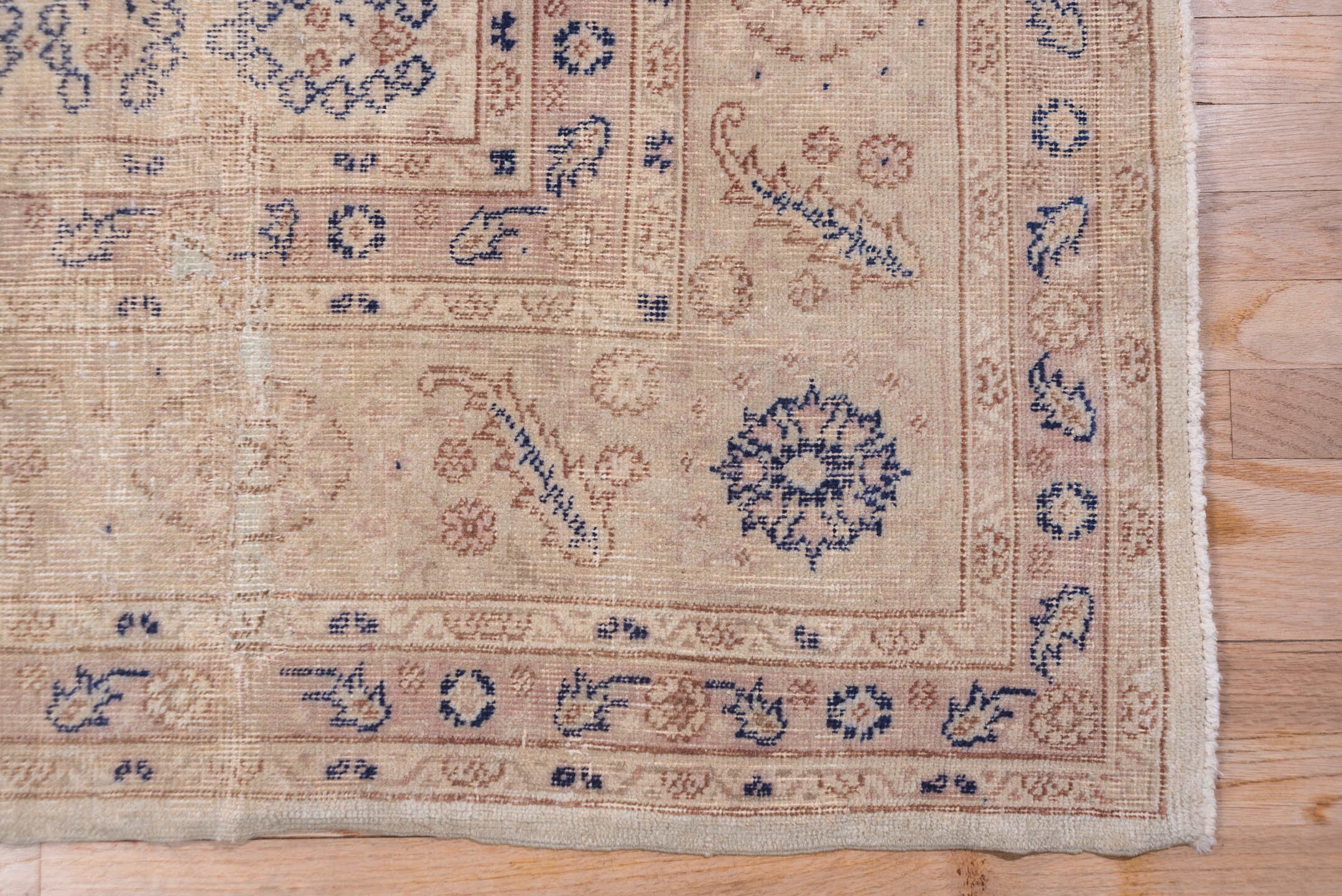 11' x 14' one-of-a-kind handmade antique Oushak oversize rug. Color palette: ivory, beige, pale blue, taupe, sand