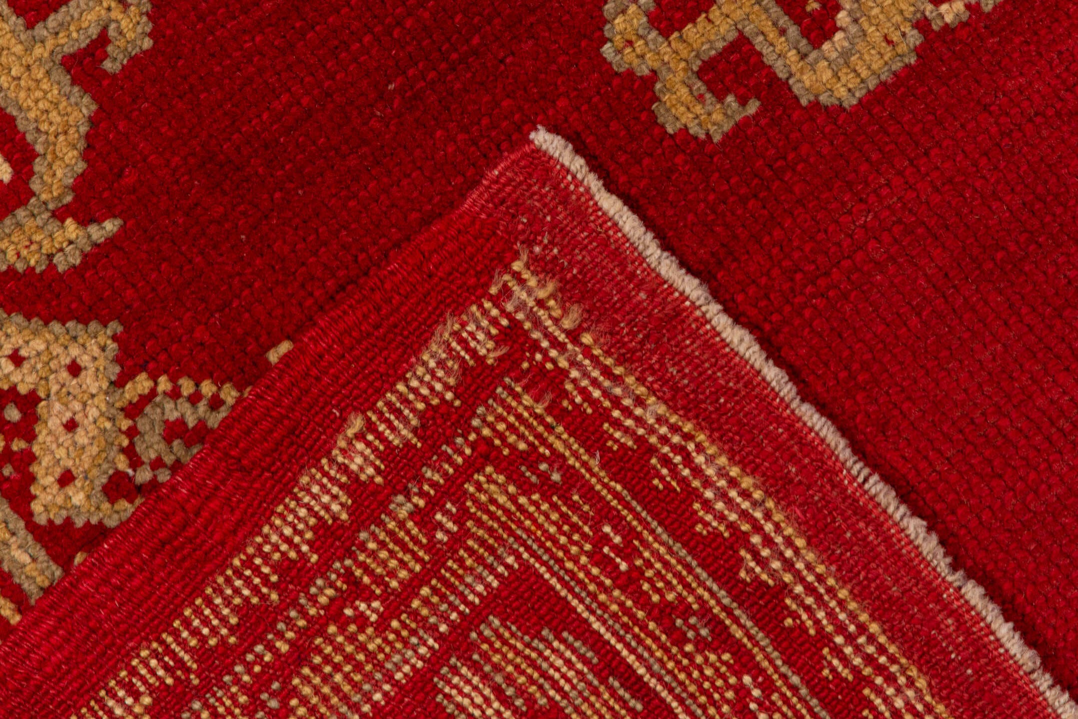 5' x 9' one-of-a-kind handmade antique Oushak medium size rug. Color palette: red, ivory, camel, rust, beige, terracotta