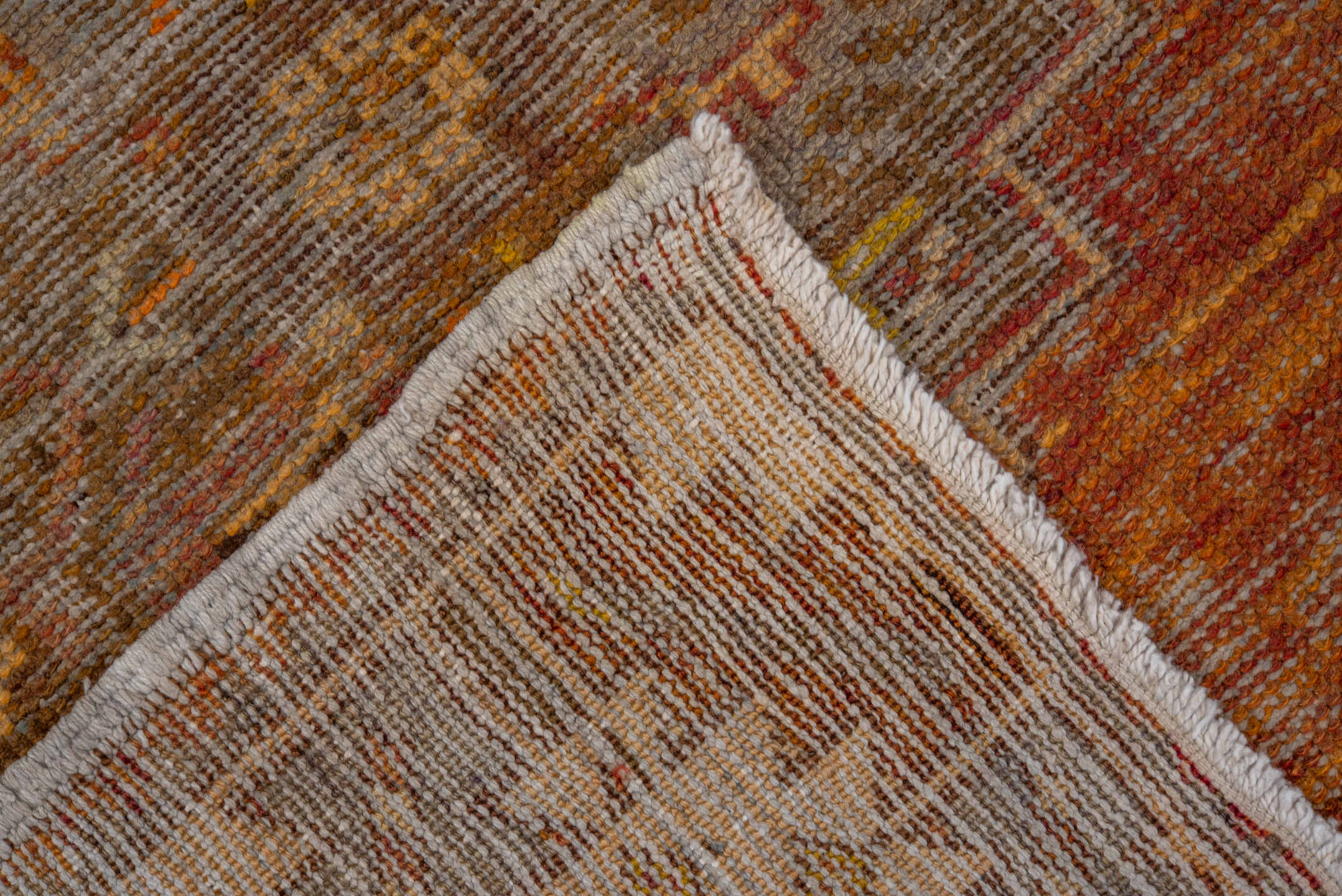 2' x 8' one-of-a-kind handmade vintage Oushak runner rug. Color palette: brown, gray, light gray, off-white, orange, pink