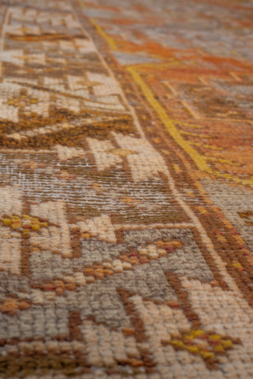 2' x 8' one-of-a-kind handmade vintage Oushak runner rug. Color palette: brown, gray, light gray, off-white, orange, pink