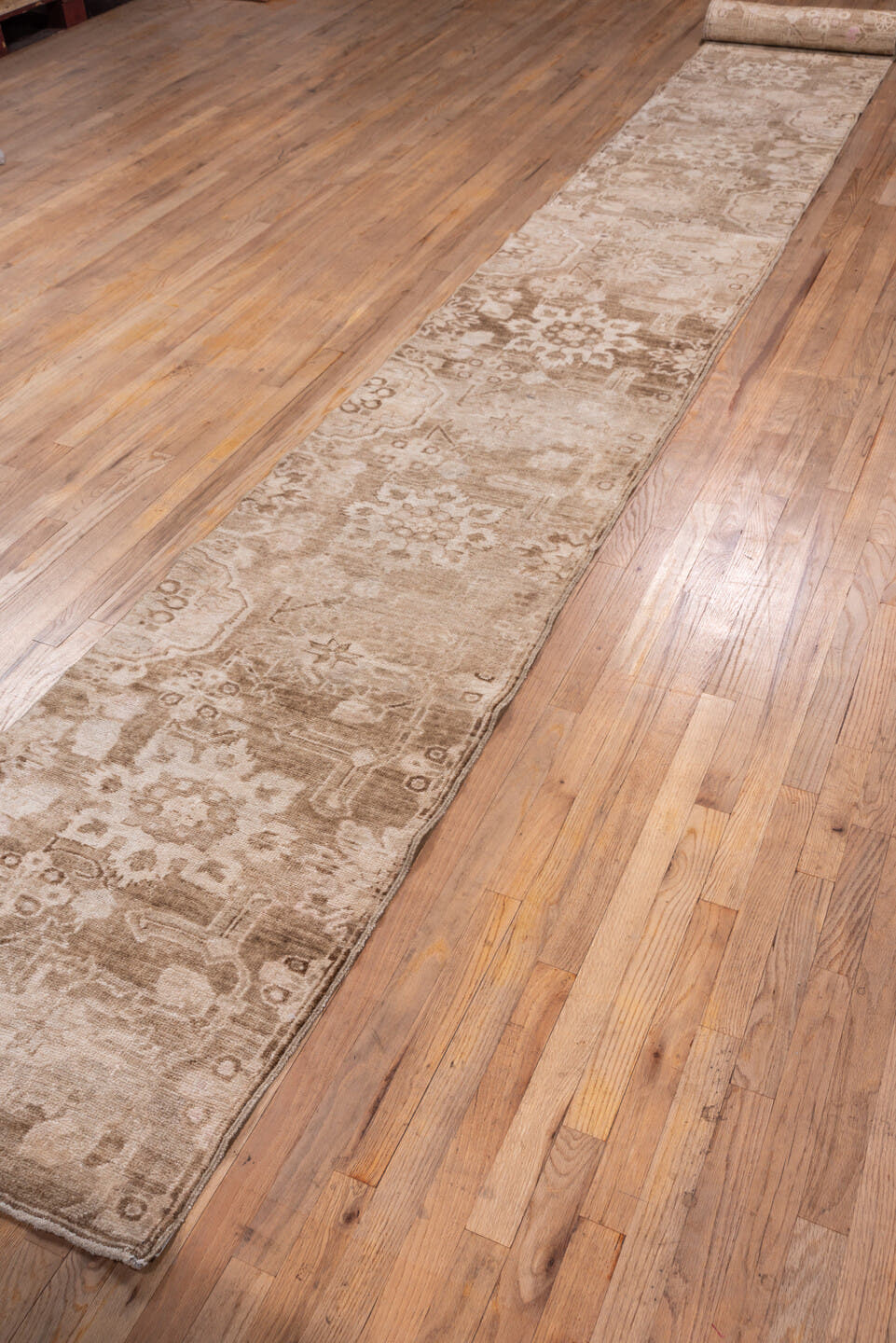 2' x 21' one-of-a-kind handmade antique Oushak runner rug. Color palette: taupe, beige, ivory, camel, sand, light_brown