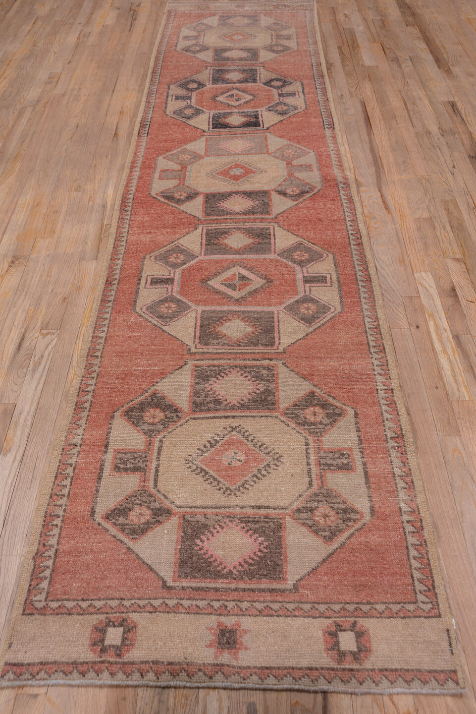 2' x 13' one-of-a-kind handmade vintage Oushak runner rug. Color palette: terra cotta, ivory, taupe, charcoal, rose, brown