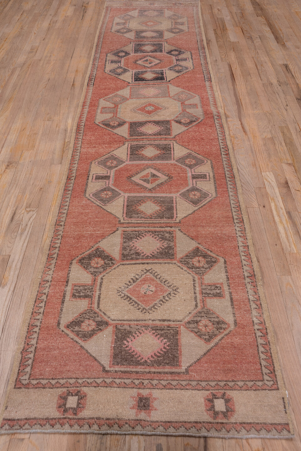2' x 13' one-of-a-kind handmade vintage Oushak runner rug. Color palette: brown, gray, off-white, pink, snow, white