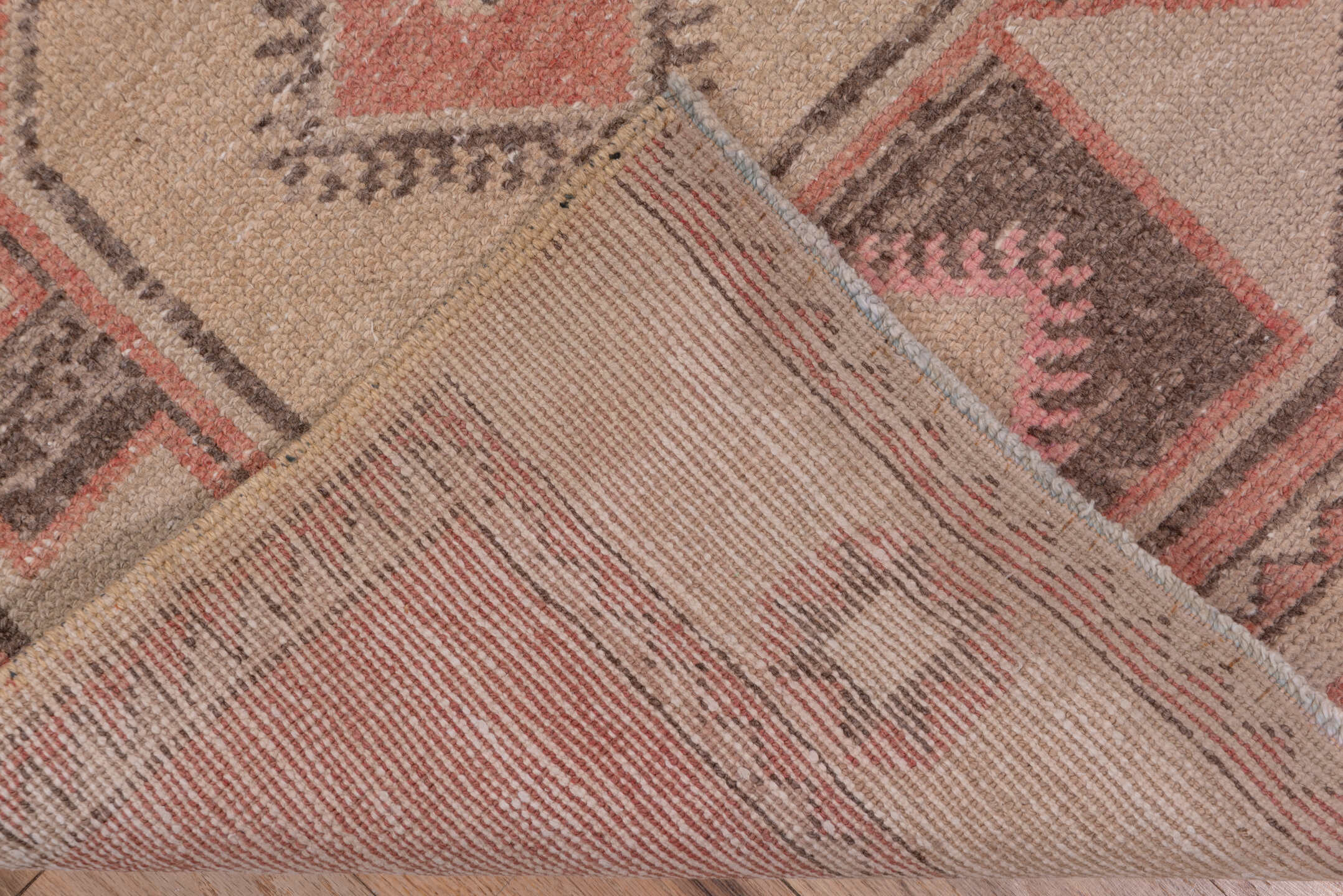 2' x 13' one-of-a-kind handmade vintage Oushak runner rug. Color palette: terra cotta, ivory, taupe, charcoal, rose, brown