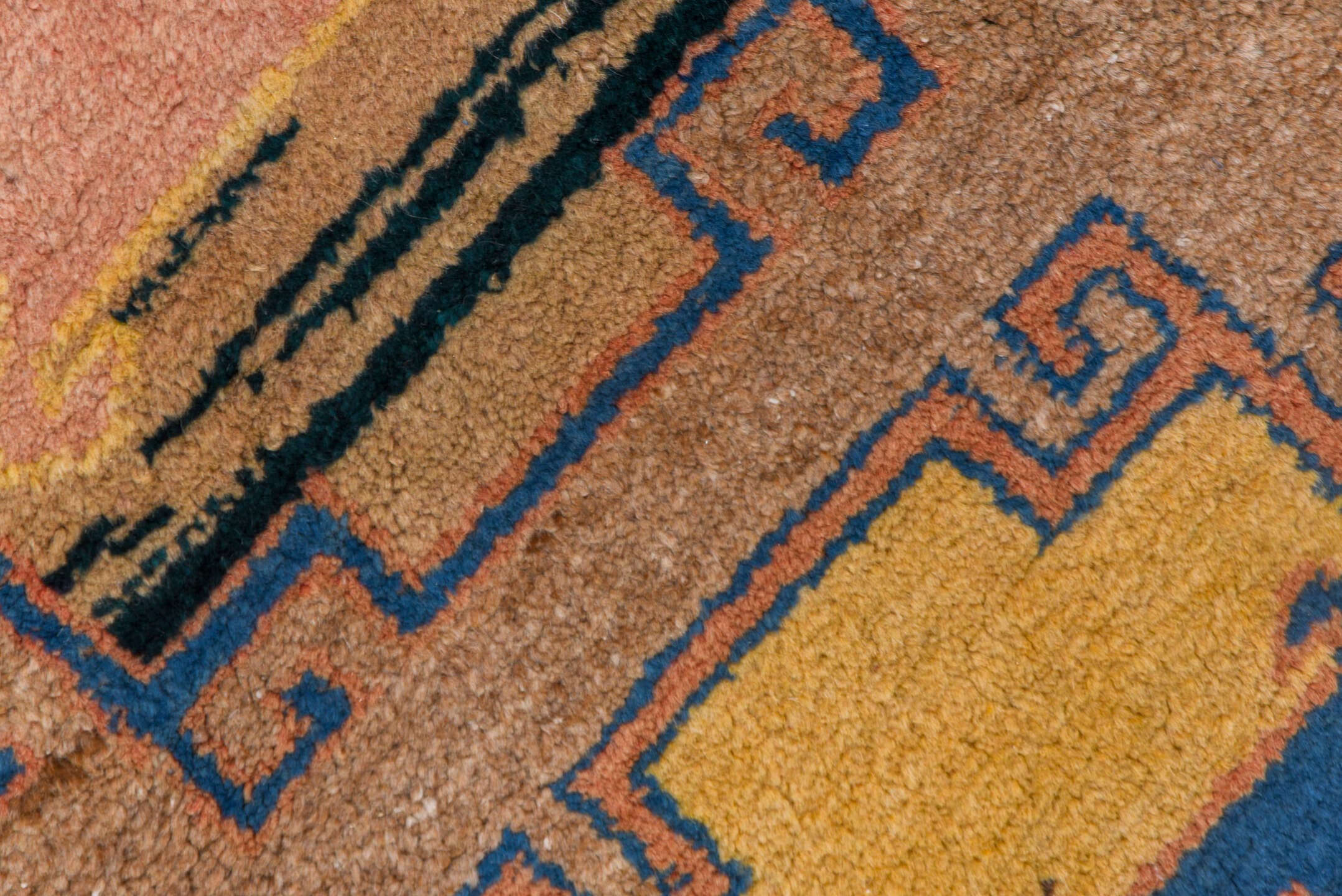 2' x 8' one-of-a-kind handmade antique Gabbe runner rug. Color palette: camel, navy, brown, rust, ivory, blue, blush, taupe