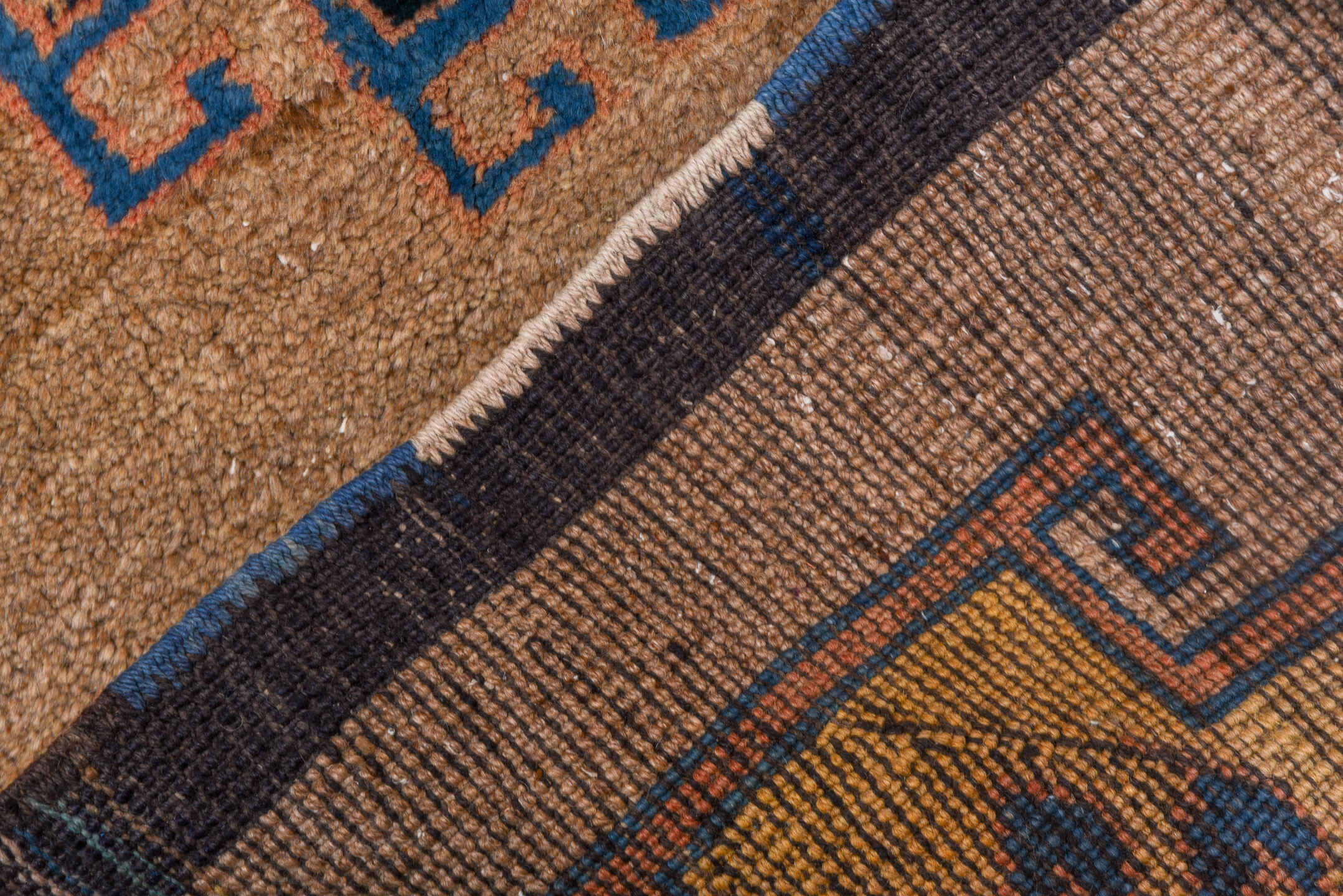 2' x 8' one-of-a-kind handmade antique Gabbe runner rug. Color palette: camel, navy, brown, rust, ivory, blue, blush, taupe