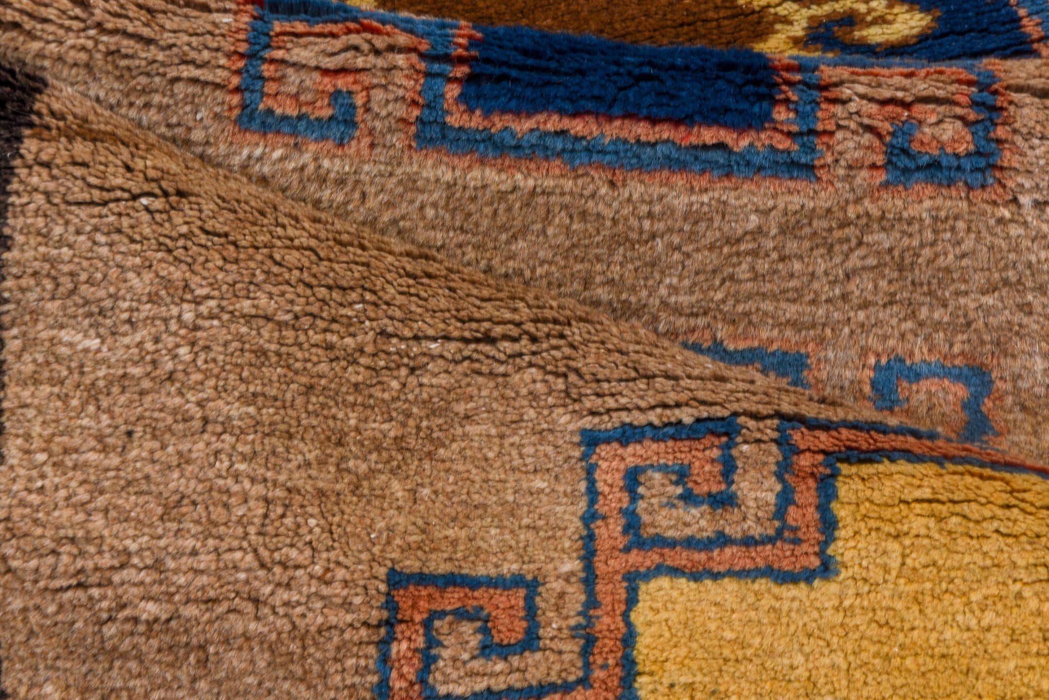 2' x 8' one-of-a-kind handmade antique Gabbe runner rug. Color palette: camel, navy, brown, rust, ivory, blue, blush, taupe