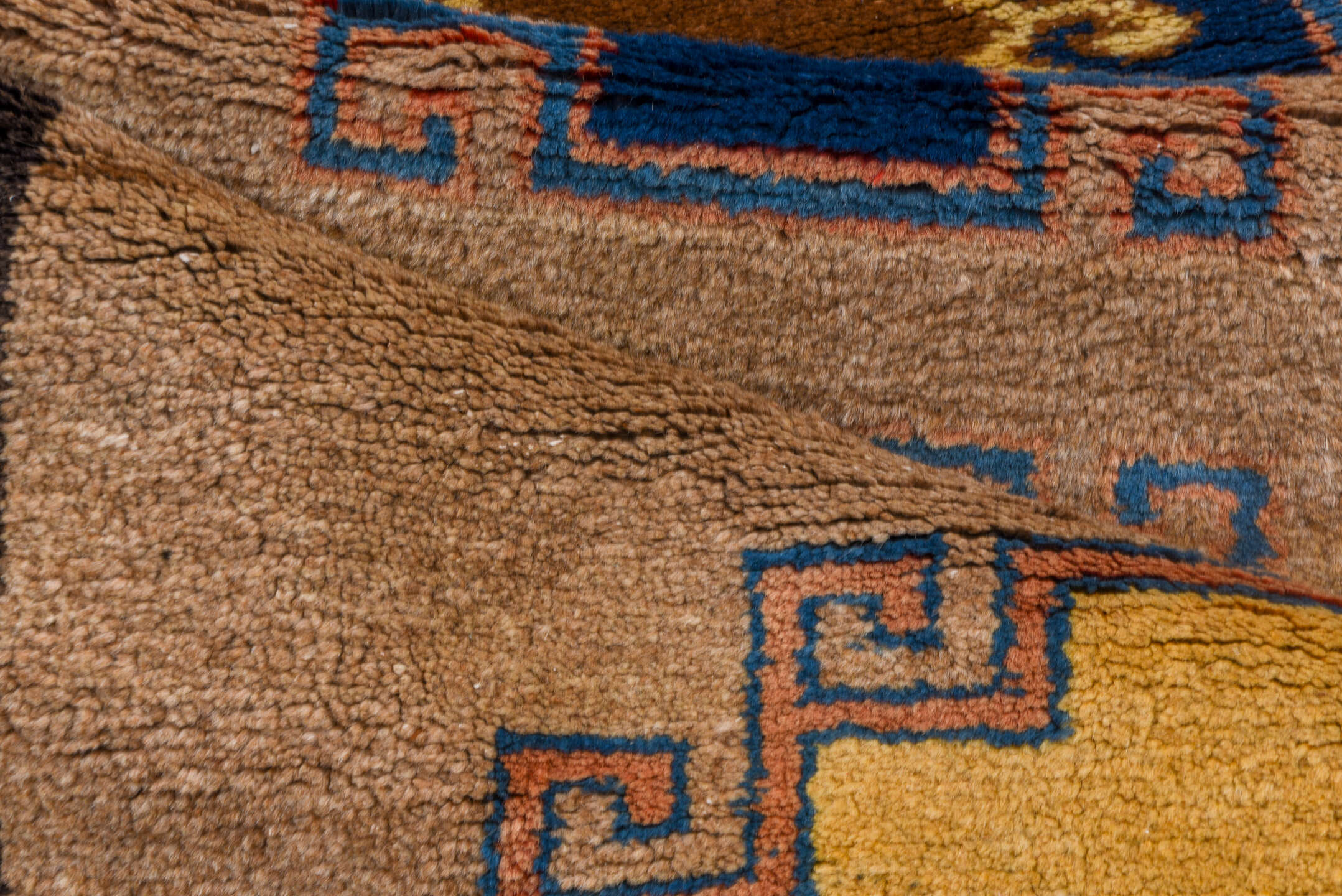 2' x 8' one-of-a-kind handmade antique Gabbe runner rug. Color palette: camel, navy, brown, rust, ivory, blue, blush, taupe