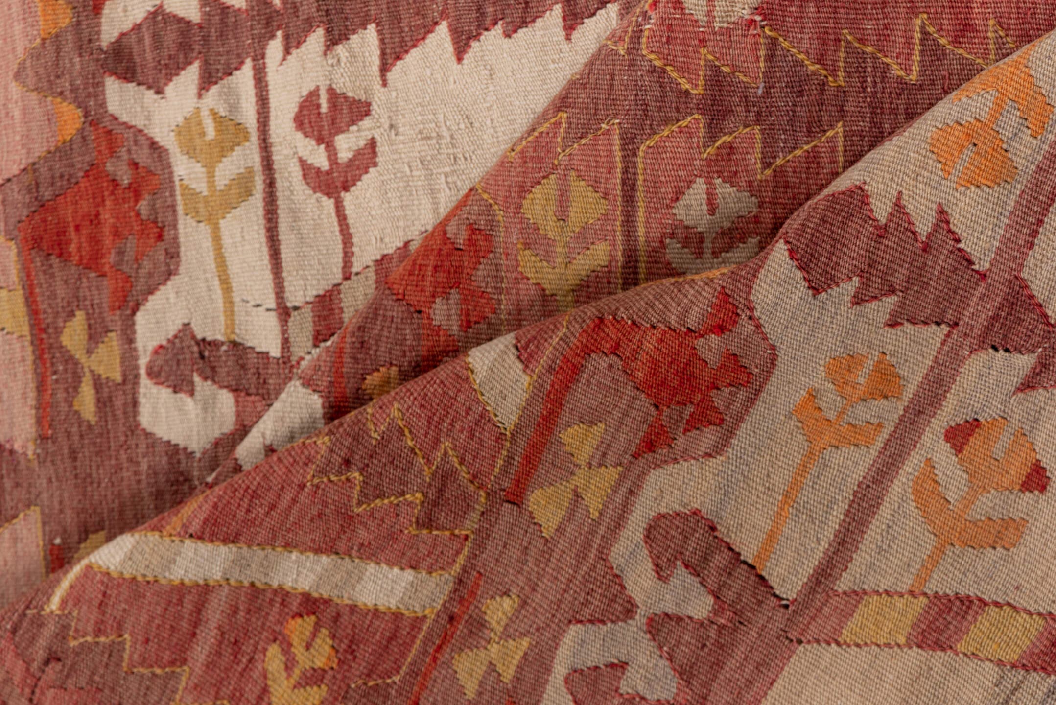 4' x 12' one-of-a-kind handmade vintage Kilim runner rug. Color palette: terra cotta, rust, rose, ivory, gold, sienna, camel