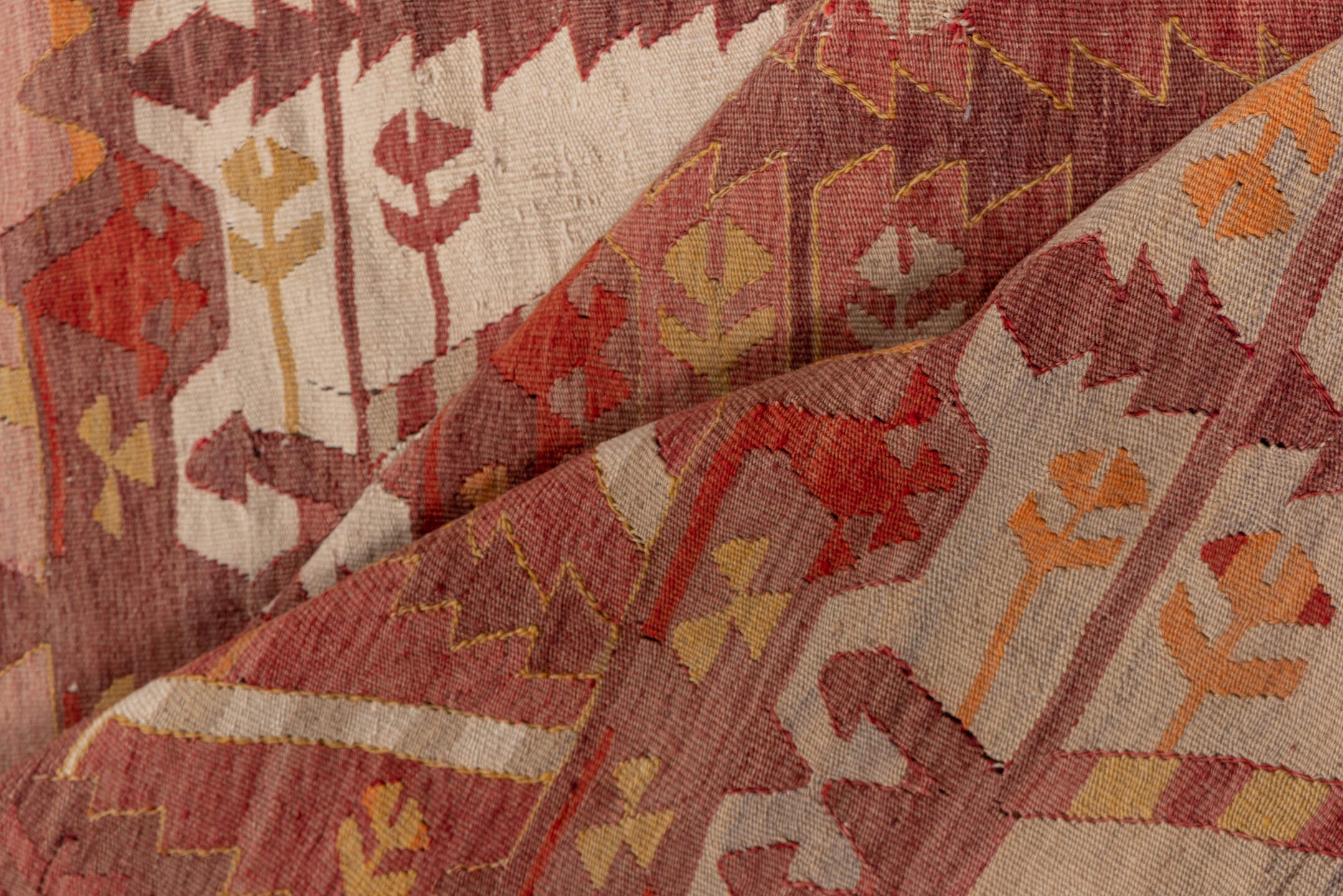 4' x 12' one-of-a-kind handmade vintage Kilim runner rug. Color palette: terra cotta, rust, rose, ivory, gold, sienna, camel