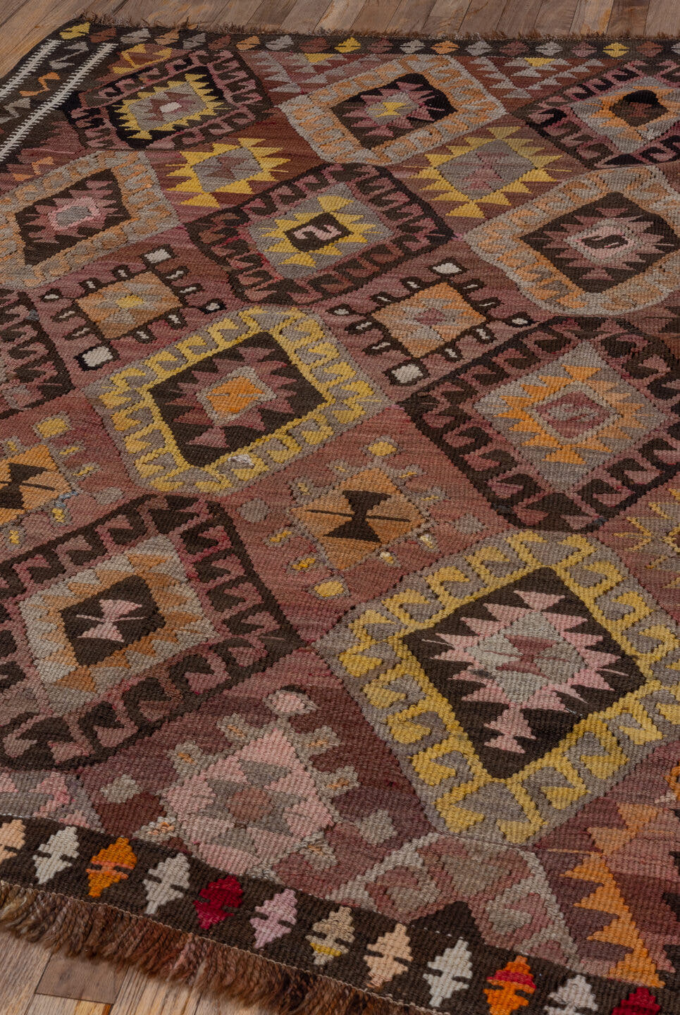 4' x 5' one-of-a-kind handmade vintage Kilim small size rug. Color palette: brown, rose, taupe, charcoal, gold, ivory