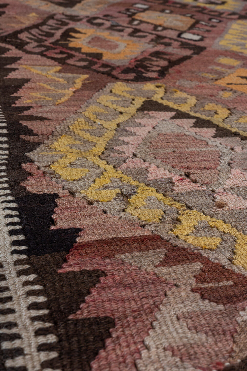 4' x 5' one-of-a-kind handmade vintage Kilim small size rug. Color palette: brown, rose, taupe, charcoal, gold, ivory