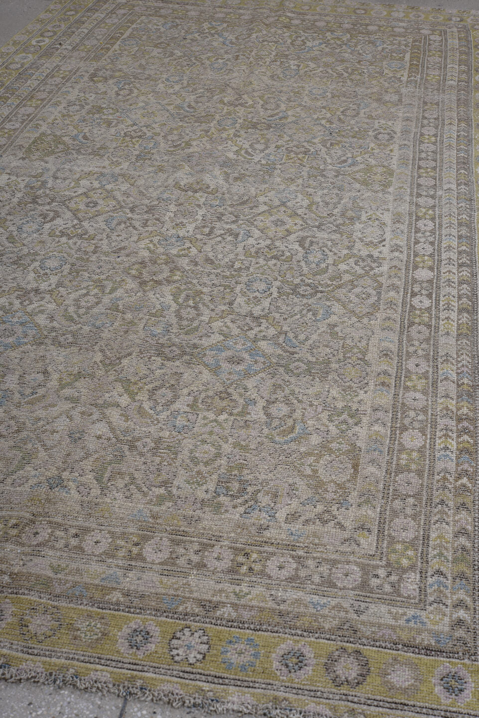 5' x 12' one-of-a-kind handmade antique Malayer rug. Color palette: taupe, ivory, olive, pale blue, beige, brown, gray