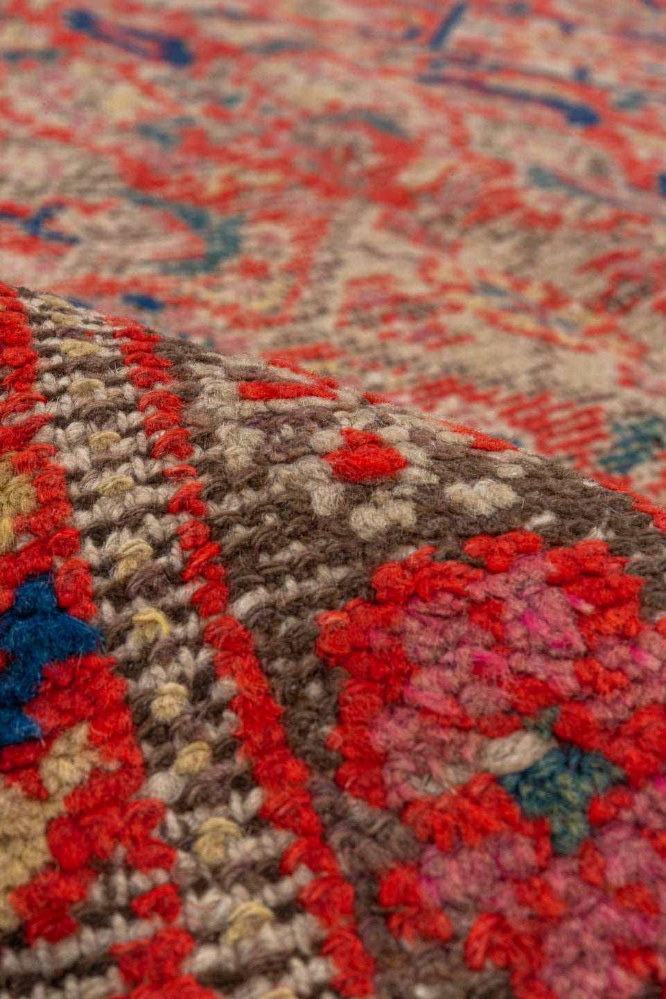 5' x 12' one-of-a-kind handmade vintage Malayer rug. Color palette: brown, gray, light gray, pink, red