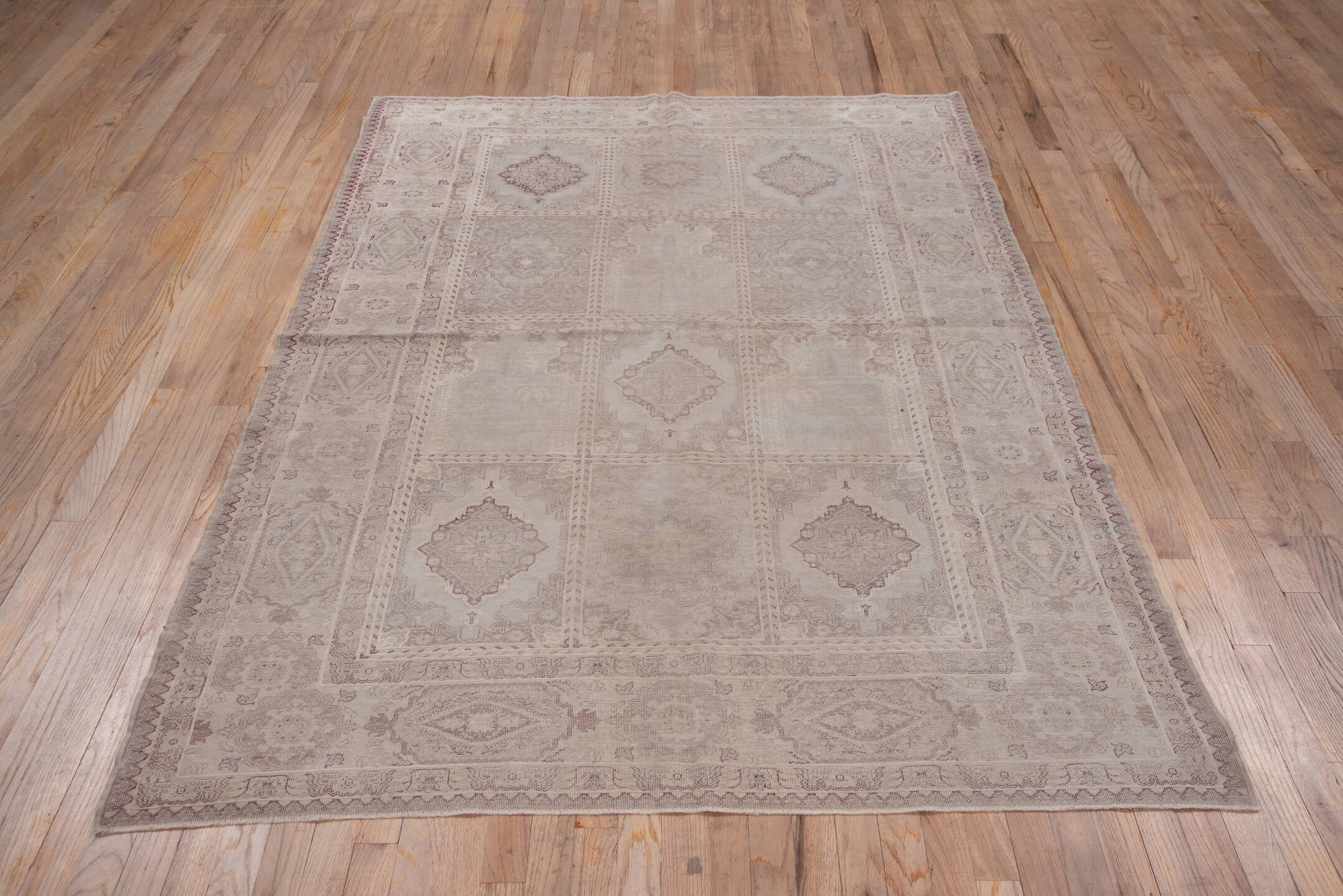 5' x 7' one-of-a-kind handmade vintage Oushak rug. Color palette: brown, gray, light gray, off-white, pink, snow, white