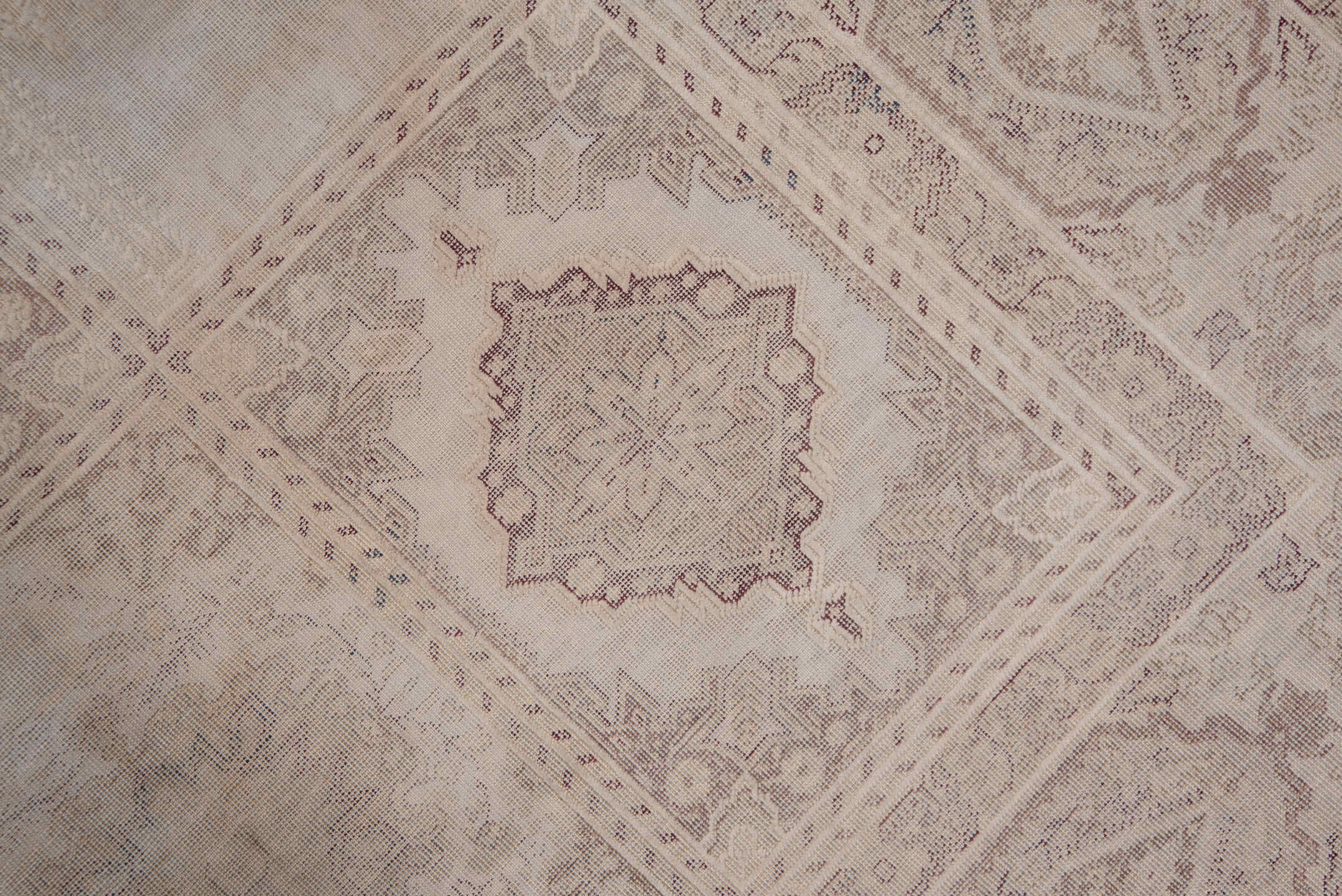 5' x 7' one-of-a-kind handmade vintage Oushak rug. Color palette: brown, gray, light gray, off-white, pink, snow, white