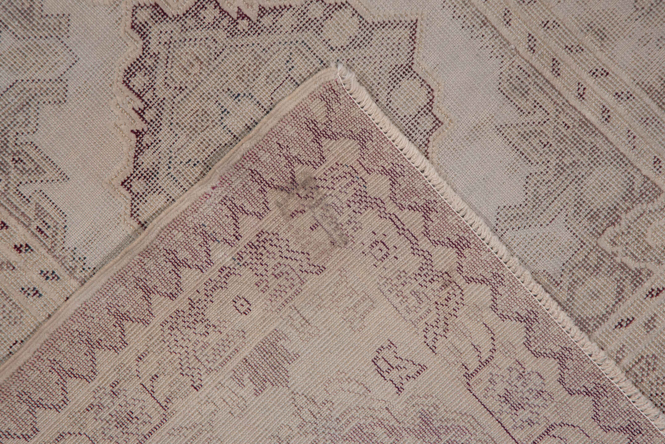 5' x 7' one-of-a-kind handmade vintage Oushak rug. Color palette: brown, gray, light gray, off-white, pink, snow, white