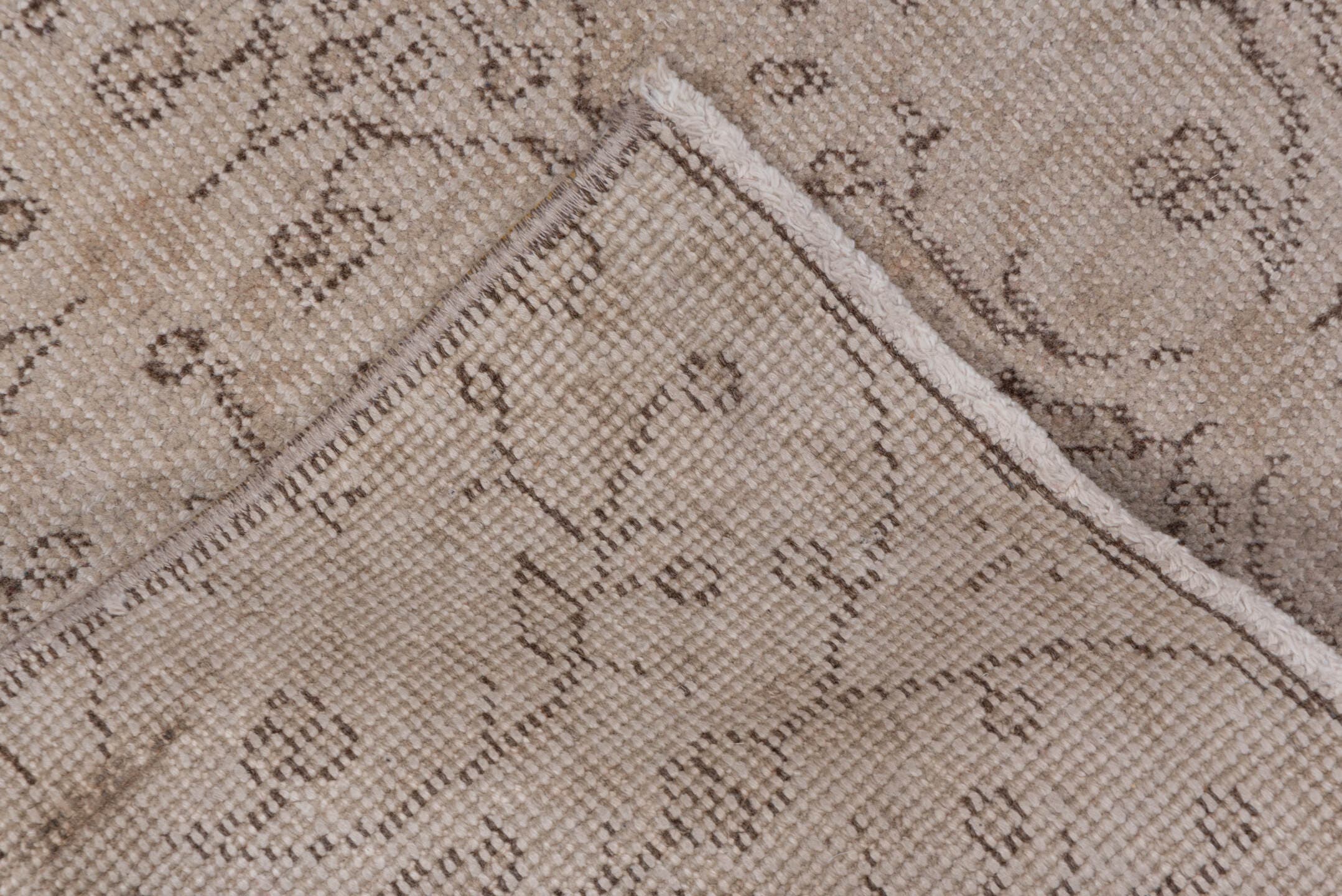 3' x 7' one-of-a-kind handmade vintage Oushak rug. Color palette: ivory, taupe, beige, greige, camel, gray