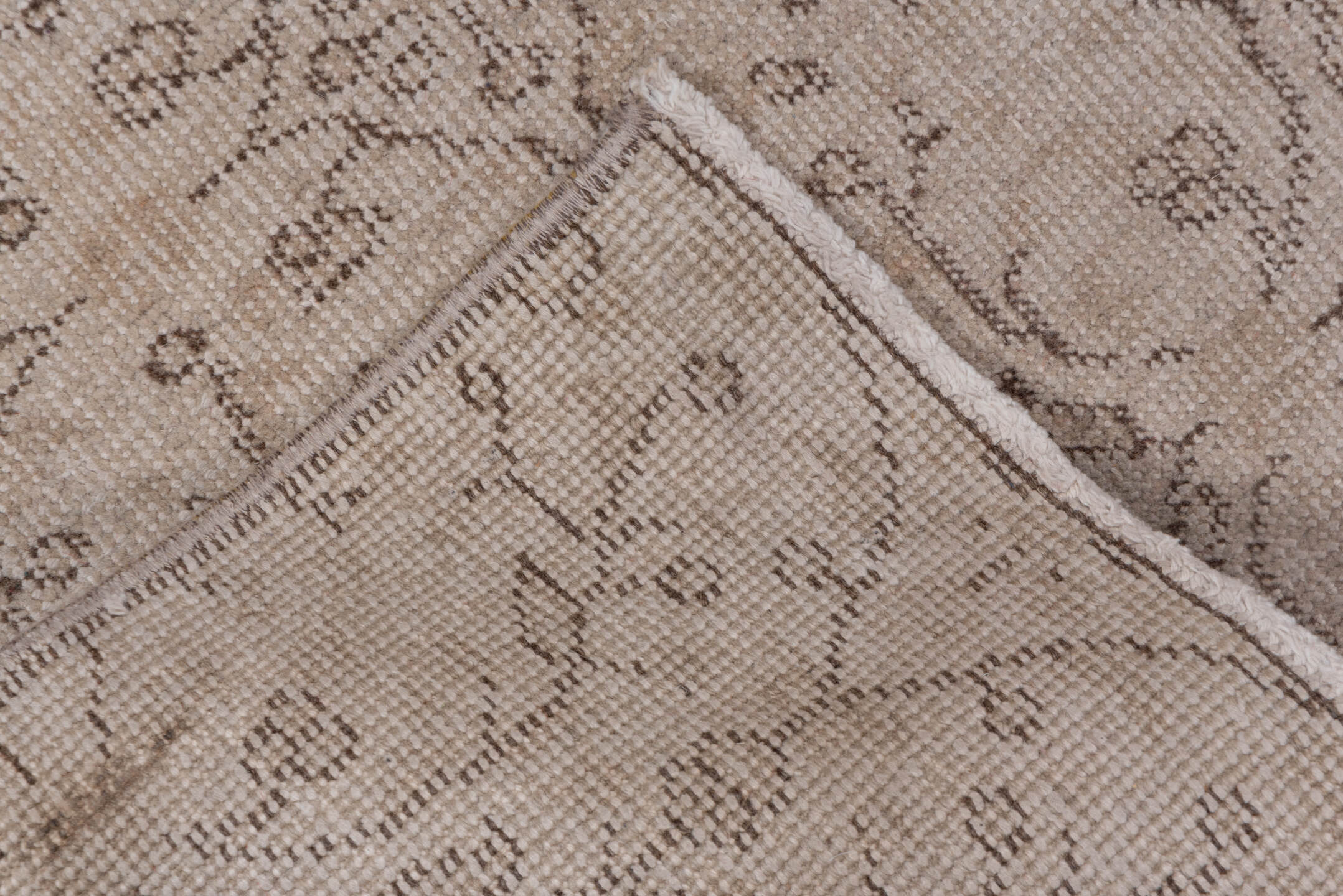 3' x 7' one-of-a-kind handmade vintage Oushak rug. Color palette: ivory, taupe, beige, greige, camel, gray