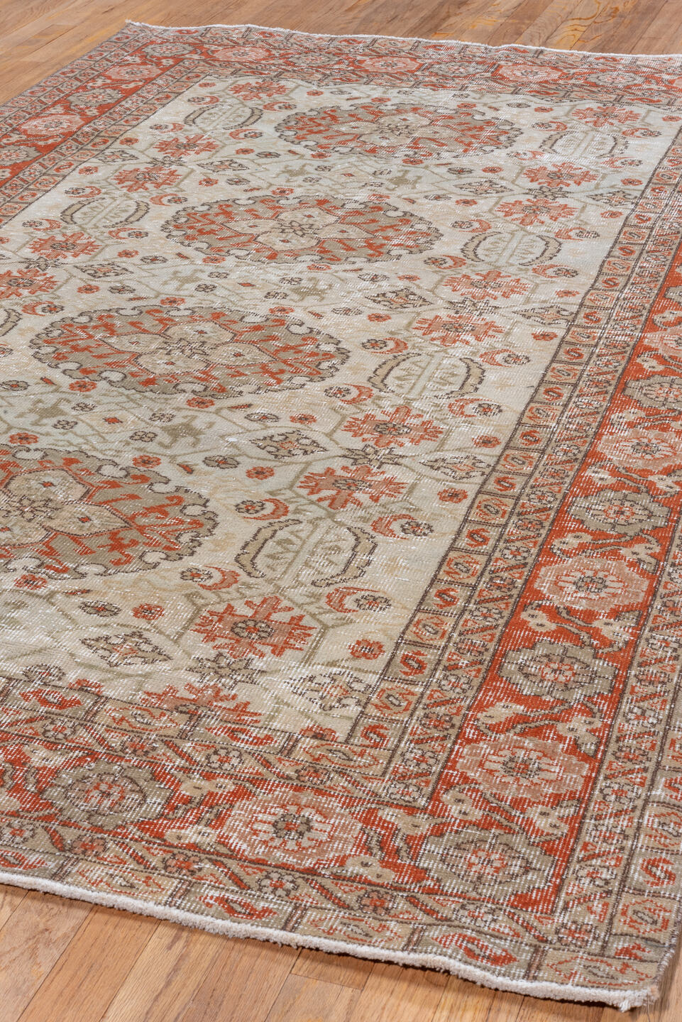 5' x 7' one-of-a-kind handmade vintage Oushak rug. Color palette: brown, gray, light gray, off-white, pink, redwood, silver