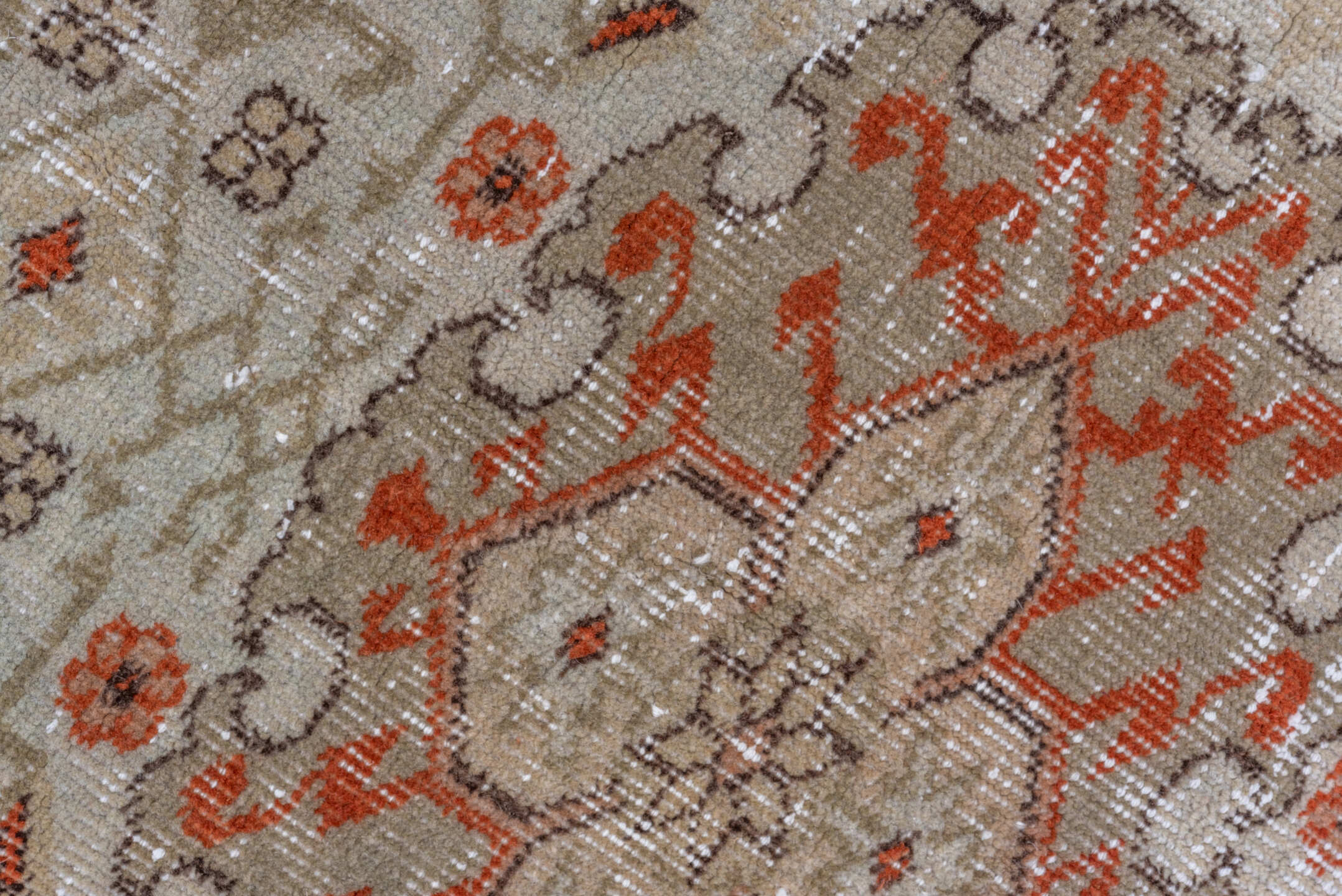 5' x 7' one-of-a-kind handmade vintage Oushak rug. Color palette: brown, gray, light gray, off-white, pink, redwood, silver