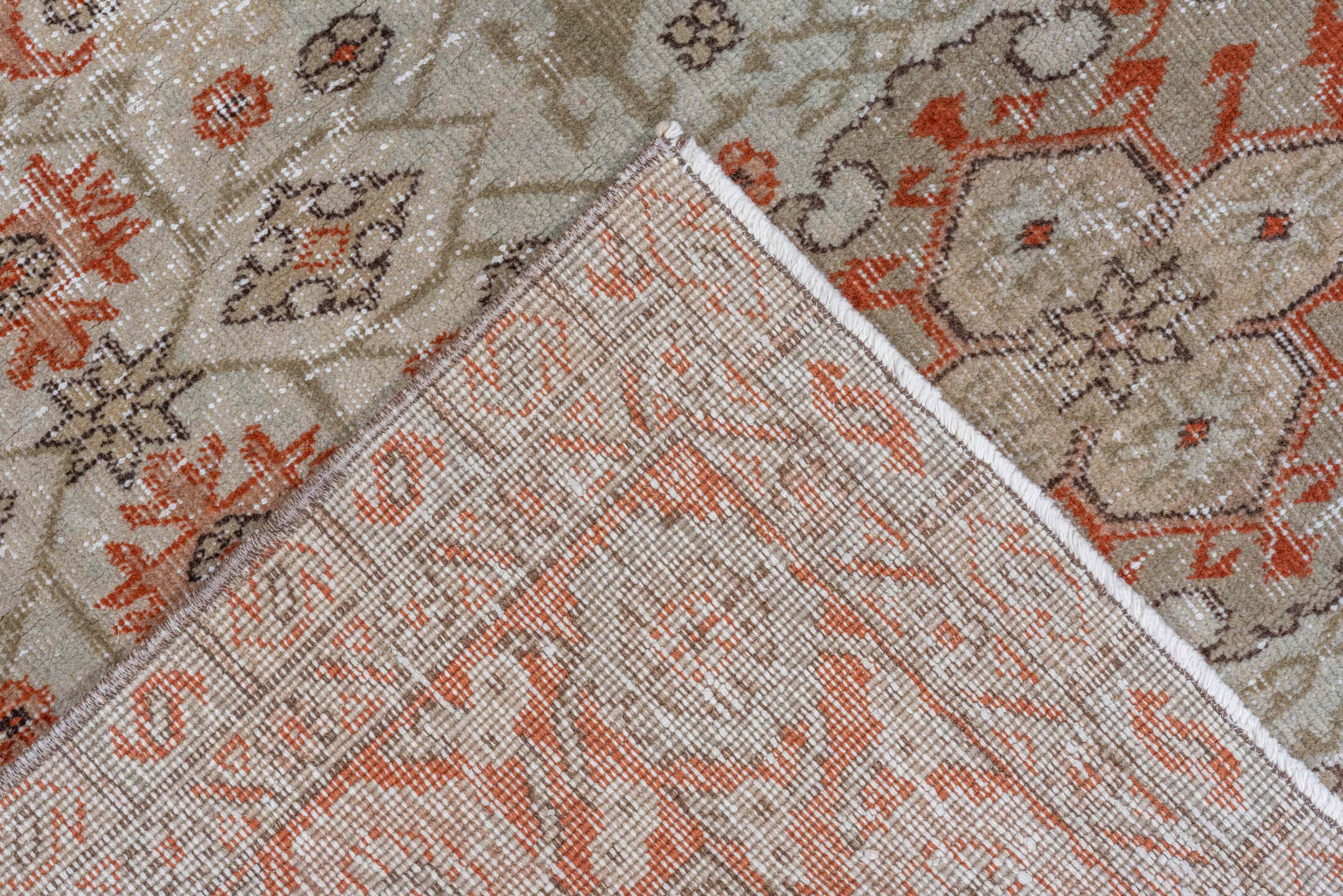 5' x 7' one-of-a-kind handmade vintage Oushak rug. Color palette: ivory, rust, taupe, terra cotta, beige, sage, brown