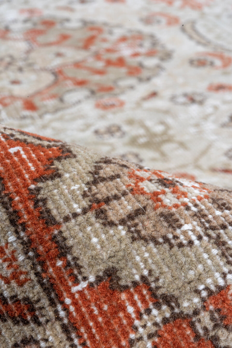 5' x 7' one-of-a-kind handmade vintage Oushak rug. Color palette: ivory, rust, taupe, terra cotta, beige, sage, brown