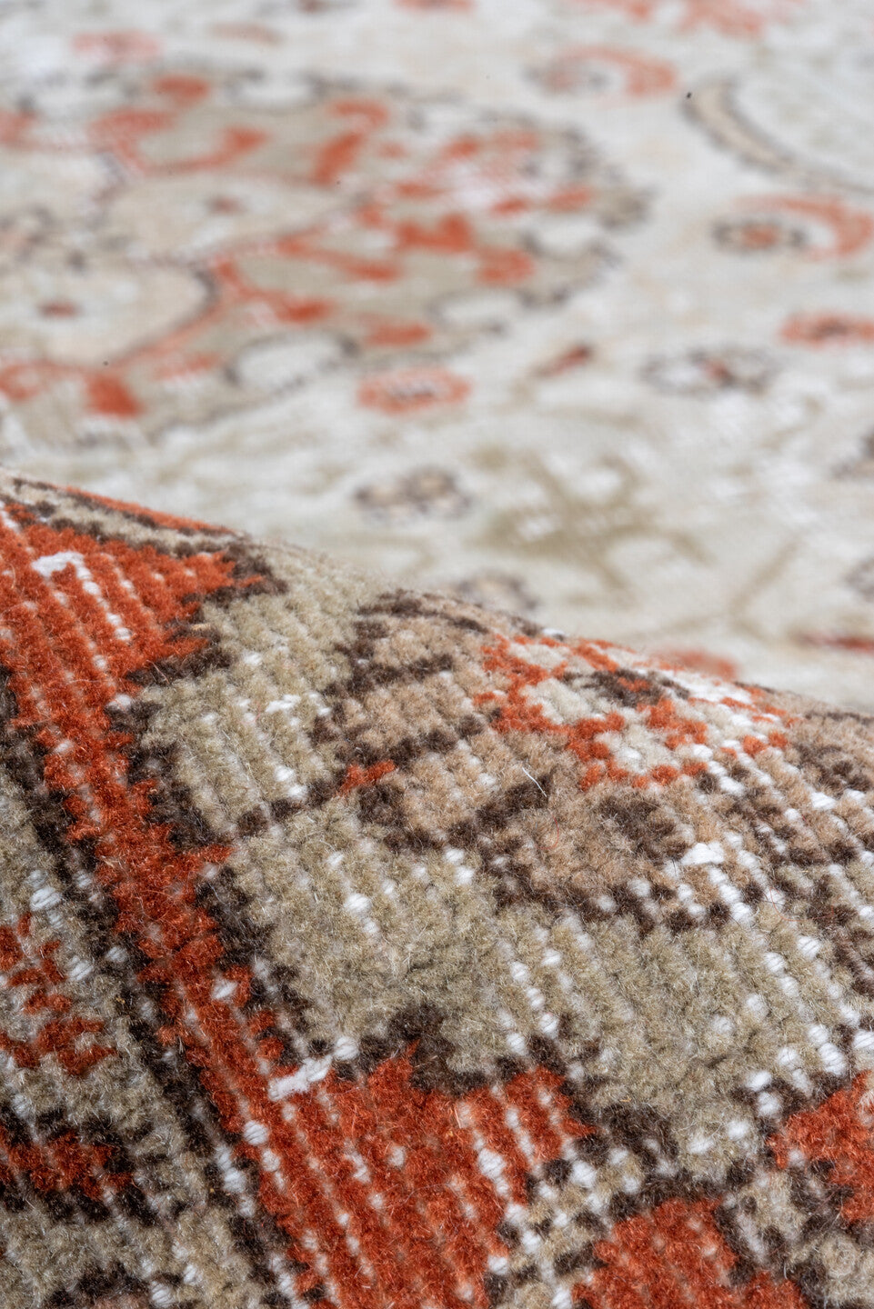 5' x 7' one-of-a-kind handmade vintage Oushak rug. Color palette: ivory, rust, taupe, terra cotta, beige, sage, brown