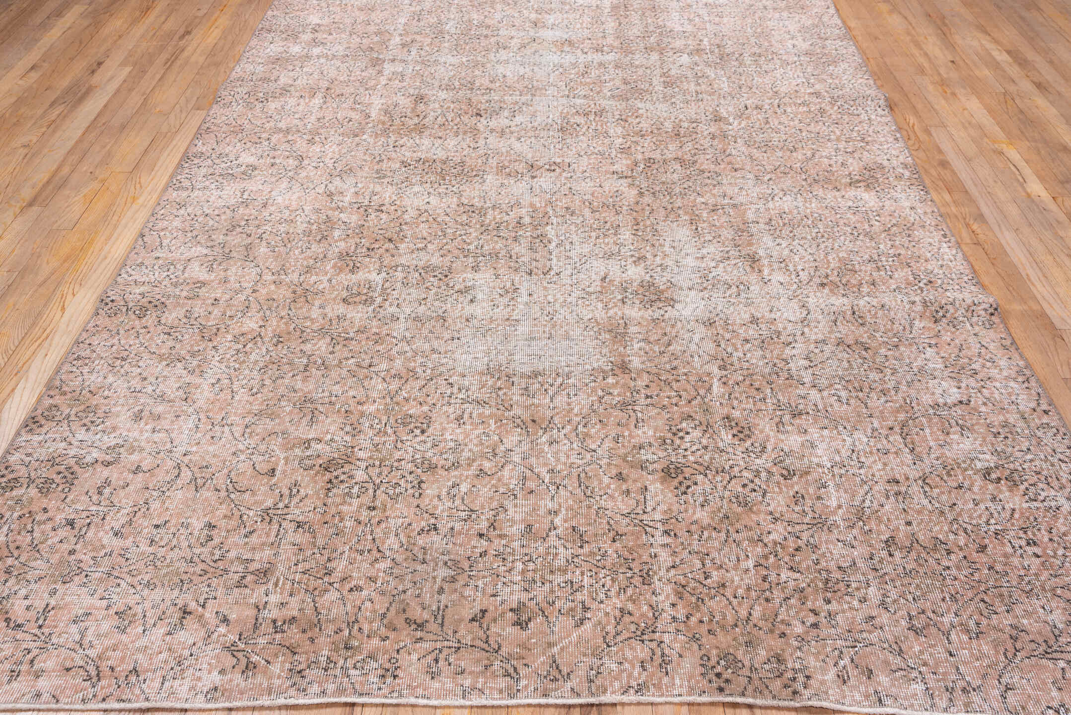 7' x 10' one-of-a-kind handmade vintage Kaisary large size rug. Color palette: blush, taupe, ivory, rose, camel, charcoal
