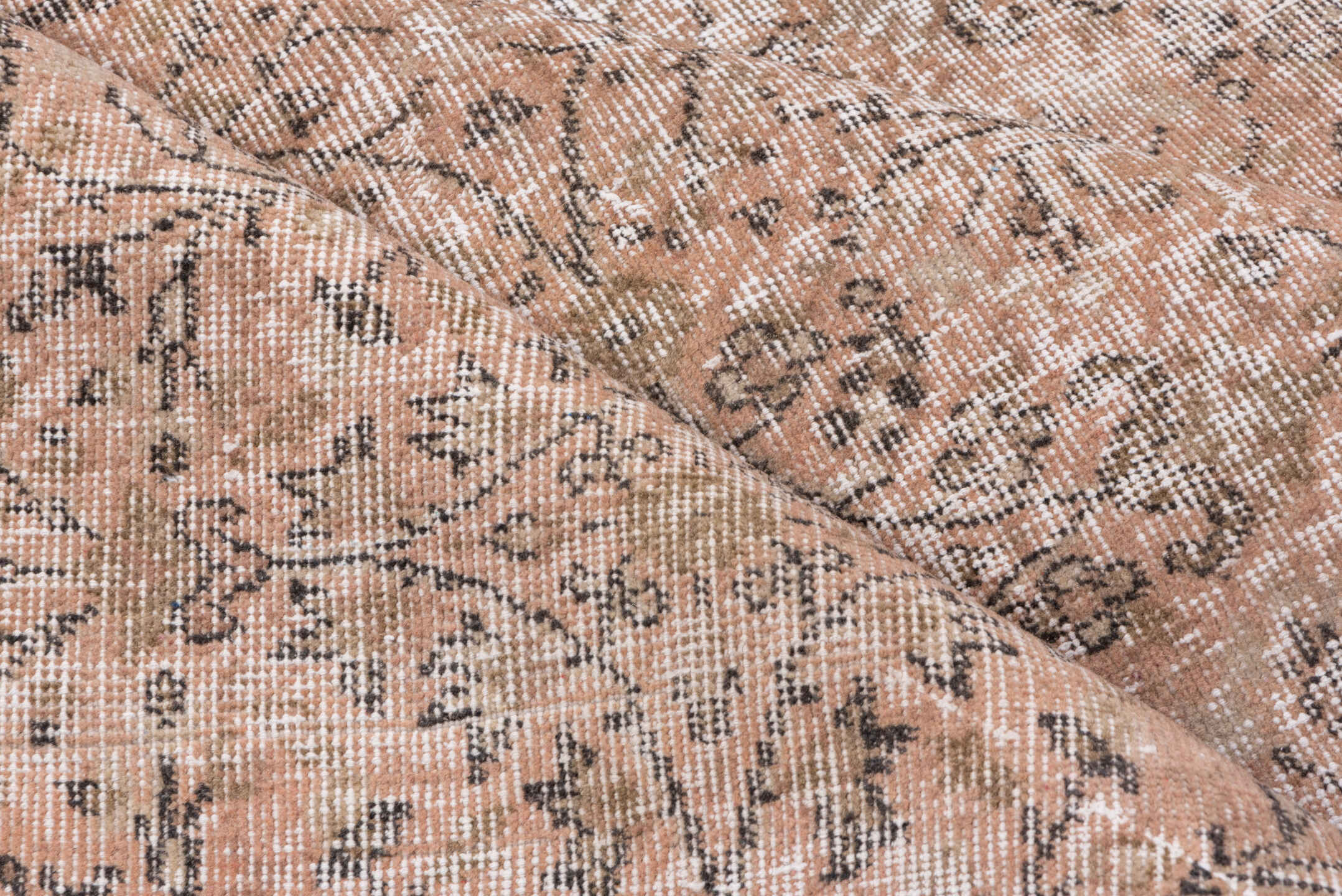 7' x 10' one-of-a-kind handmade vintage Kaisary large size rug. Color palette: blush, taupe, ivory, rose, camel, charcoal