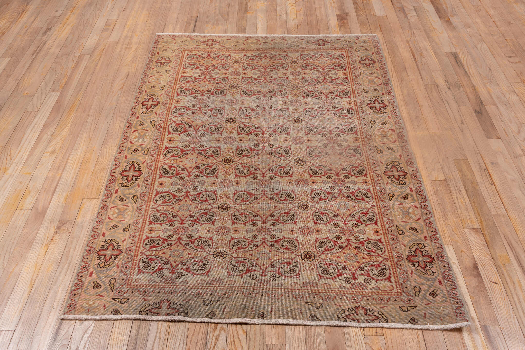 4' x 5' one-of-a-kind handmade vintage Oushak small size rug. Color palette: ivory, blush, coral, taupe, sage, camel, pink
