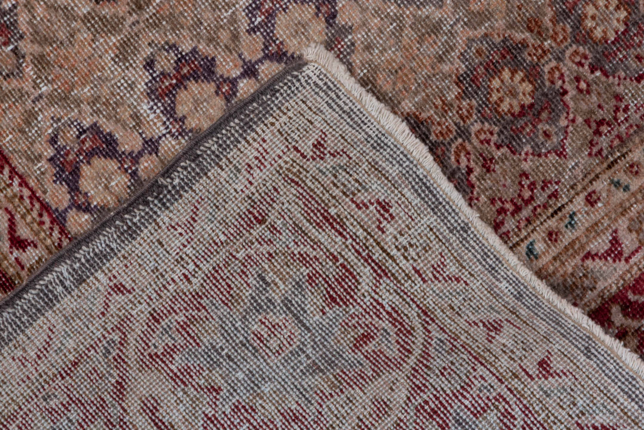 3' x 10' one-of-a-kind handmade vintage Sivas runner rug. Color palette: brown, gray, light gray, off-white, pink, red