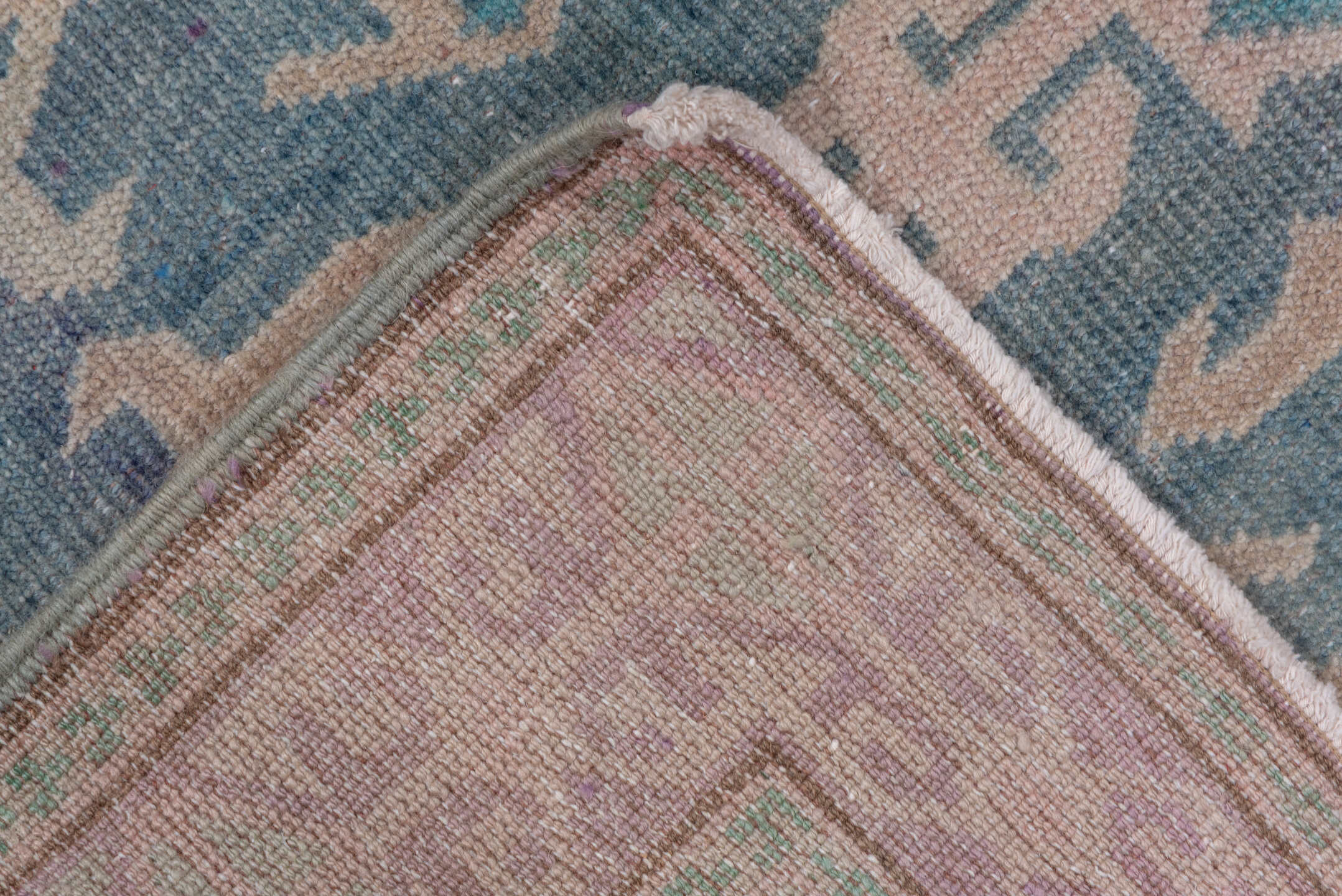4' x 11' one-of-a-kind handmade vintage Oushak runner rug. Color palette: blue, blush, ivory, taupe, sage, pink, beige, gray