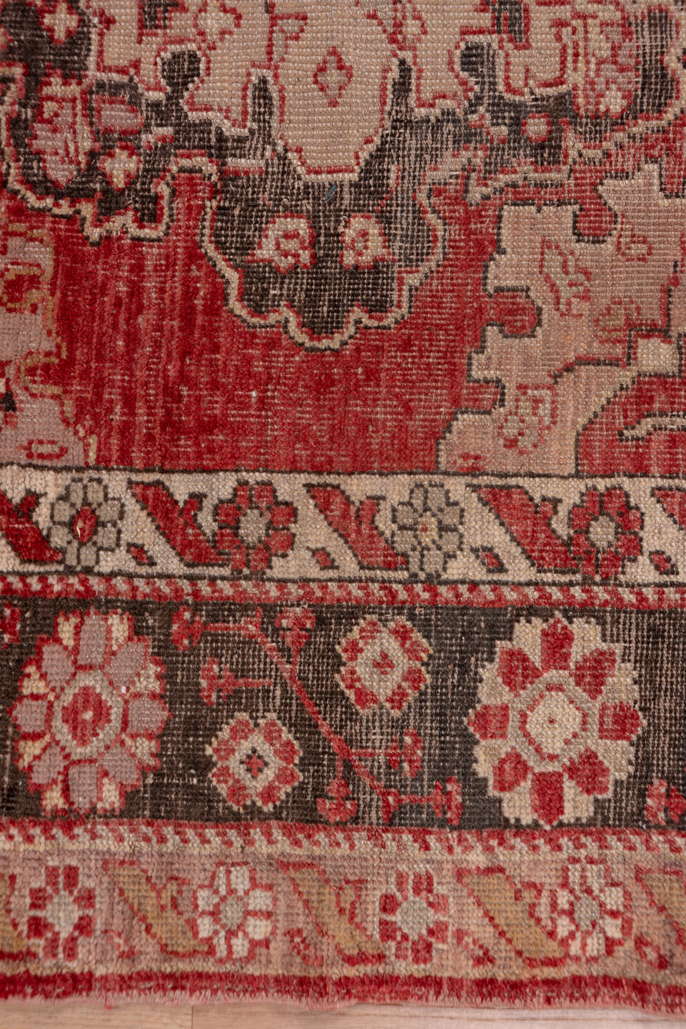 5' x 24' one-of-a-kind handmade antique Oushak rug. Color palette: rose, ivory, charcoal, terra cotta, taupe, burgundy, pink