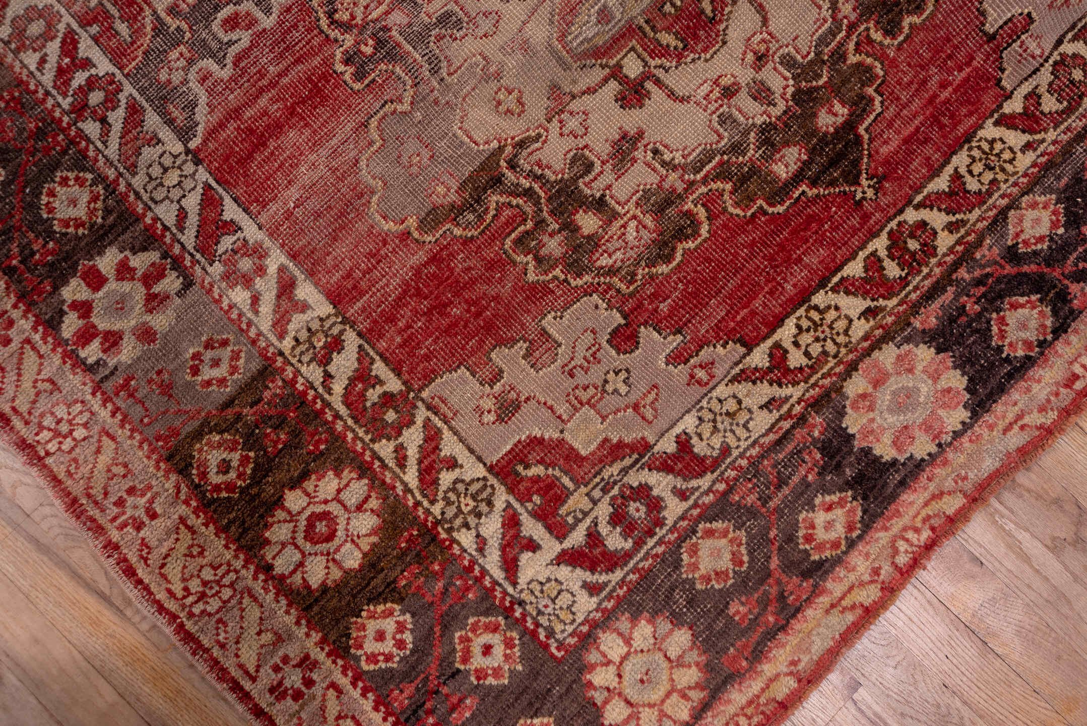 5' x 24' one-of-a-kind handmade antique Oushak rug. Color palette: rose, ivory, charcoal, terra cotta, taupe, burgundy, pink