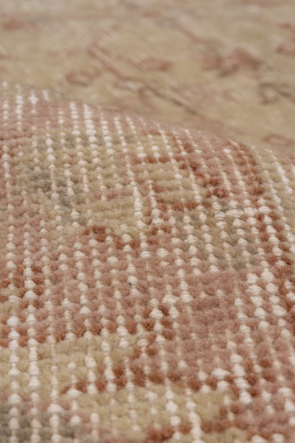 8' x 12' one-of-a-kind handmade vintage Oushak large size rug. Color palette: ivory, blush, beige, taupe, rose, camel, pink