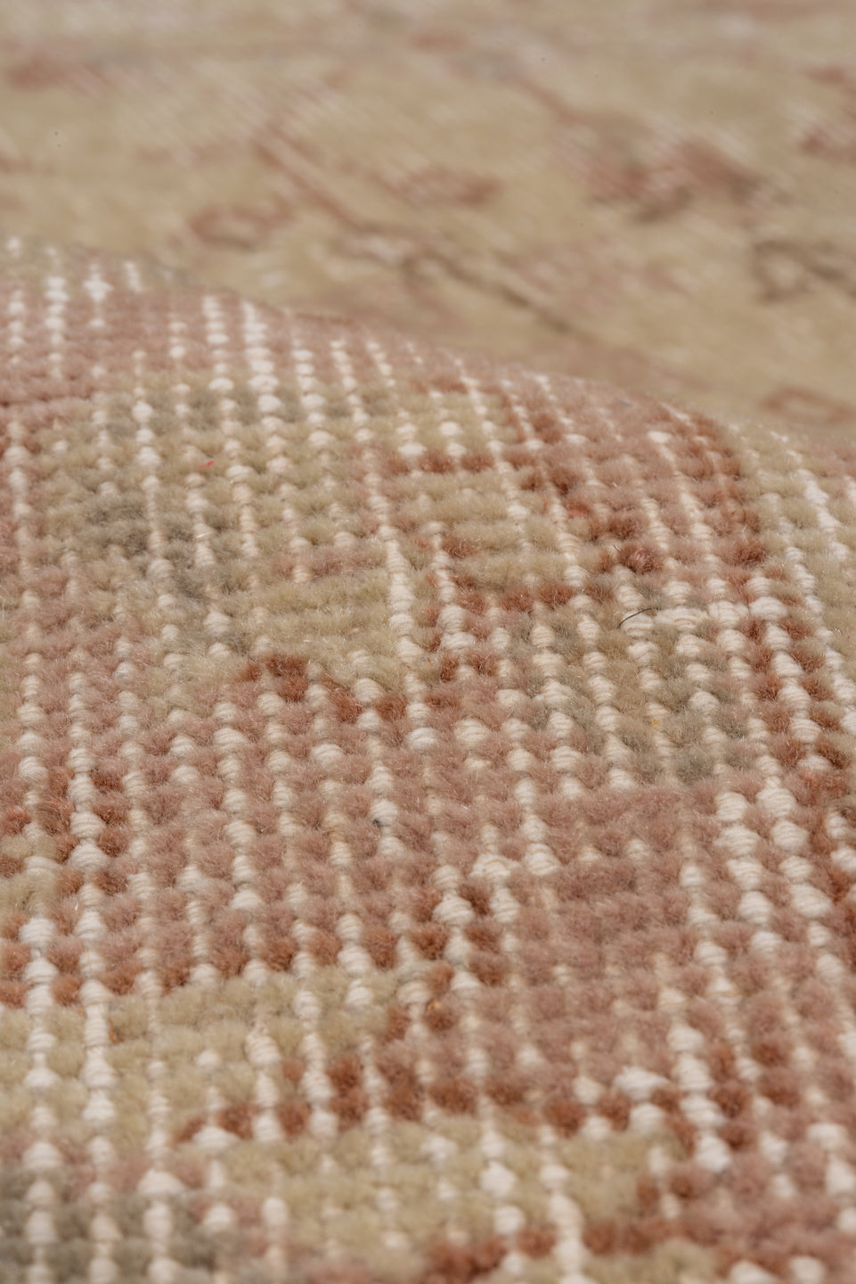 8' x 12' one-of-a-kind handmade vintage Oushak large size rug. Color palette: ivory, blush, beige, taupe, rose, camel, pink