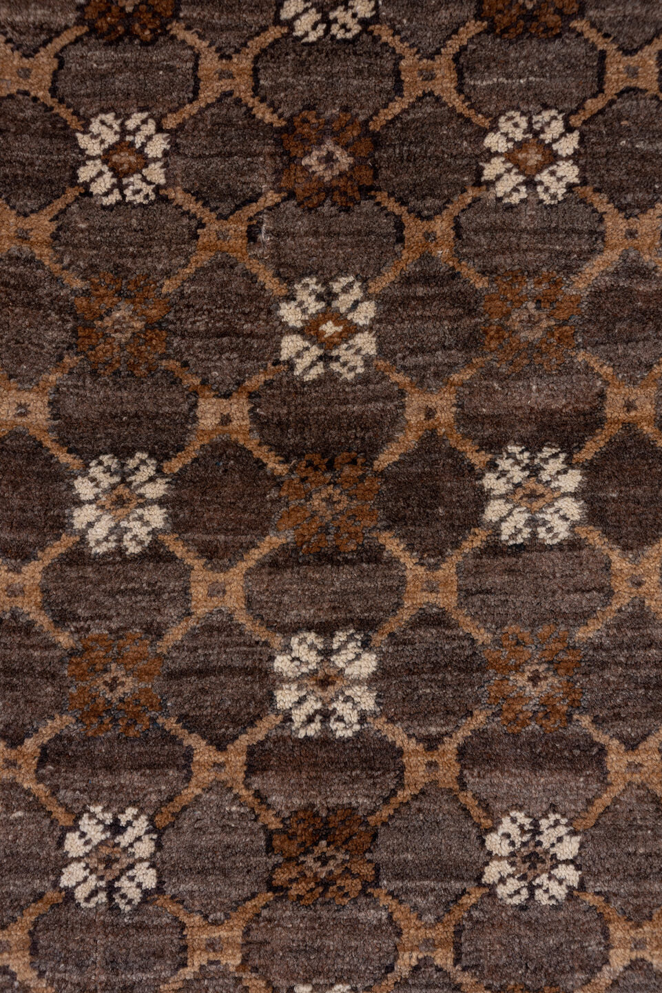 7' x 11' one-of-a-kind handmade antique Kars large size rug. Color palette: taupe, brown, camel, ivory, charcoal, beige