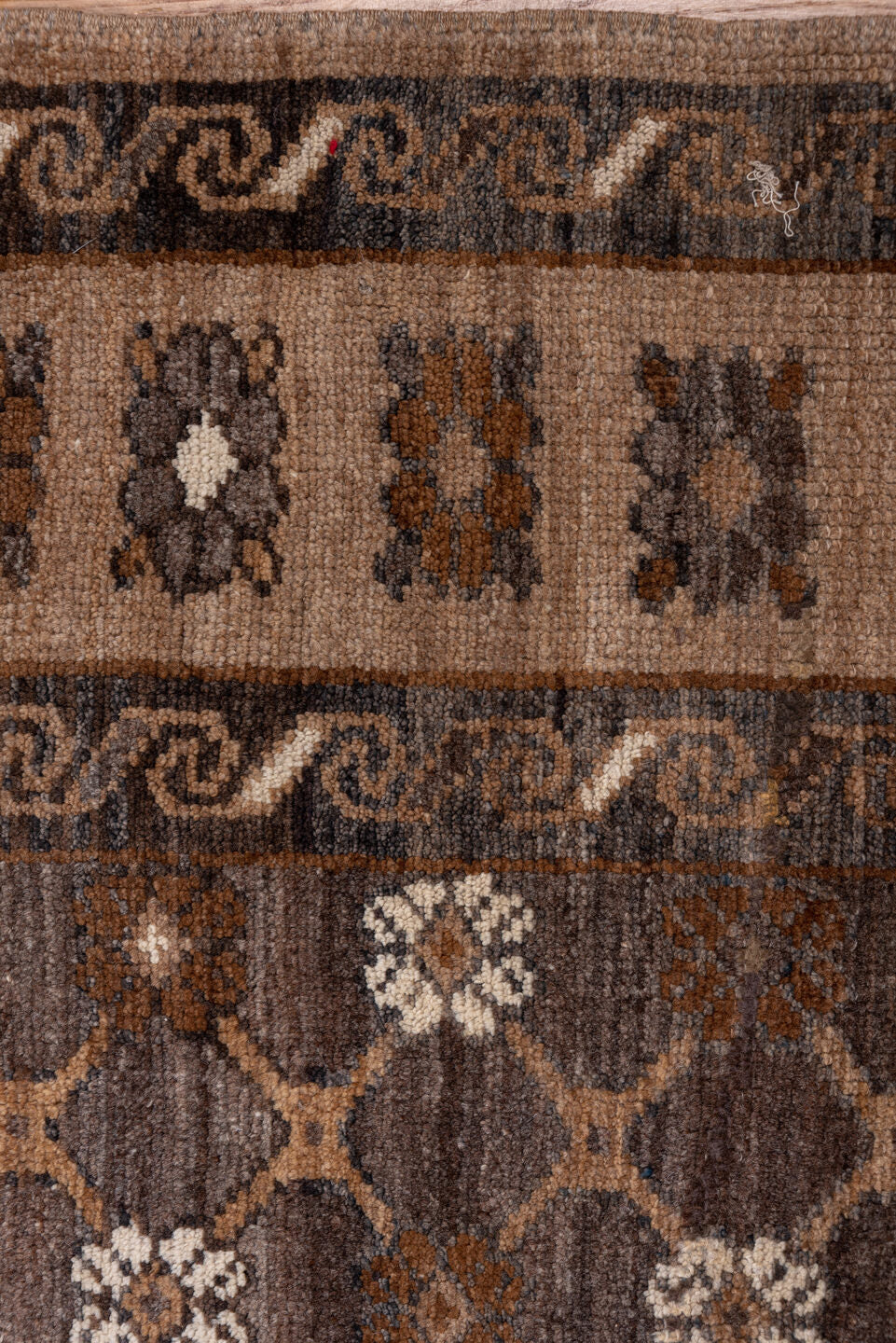 7' x 11' one-of-a-kind handmade antique Kars large size rug. Color palette: taupe, brown, camel, ivory, charcoal, beige