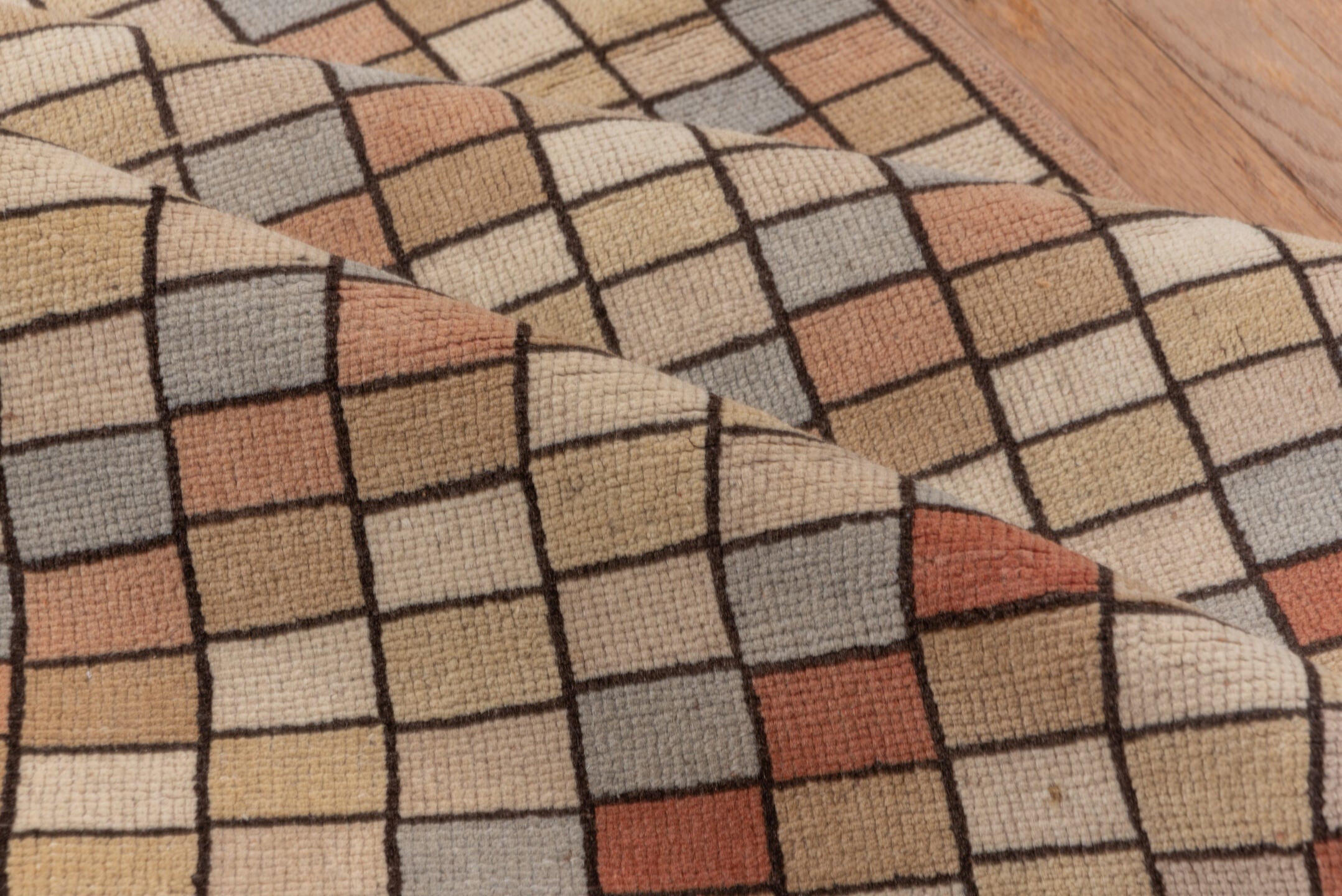 2' x 9' one-of-a-kind handmade vintage Tulu runner rug. Color palette: taupe, ivory, rust, slate, camel, beige, gray