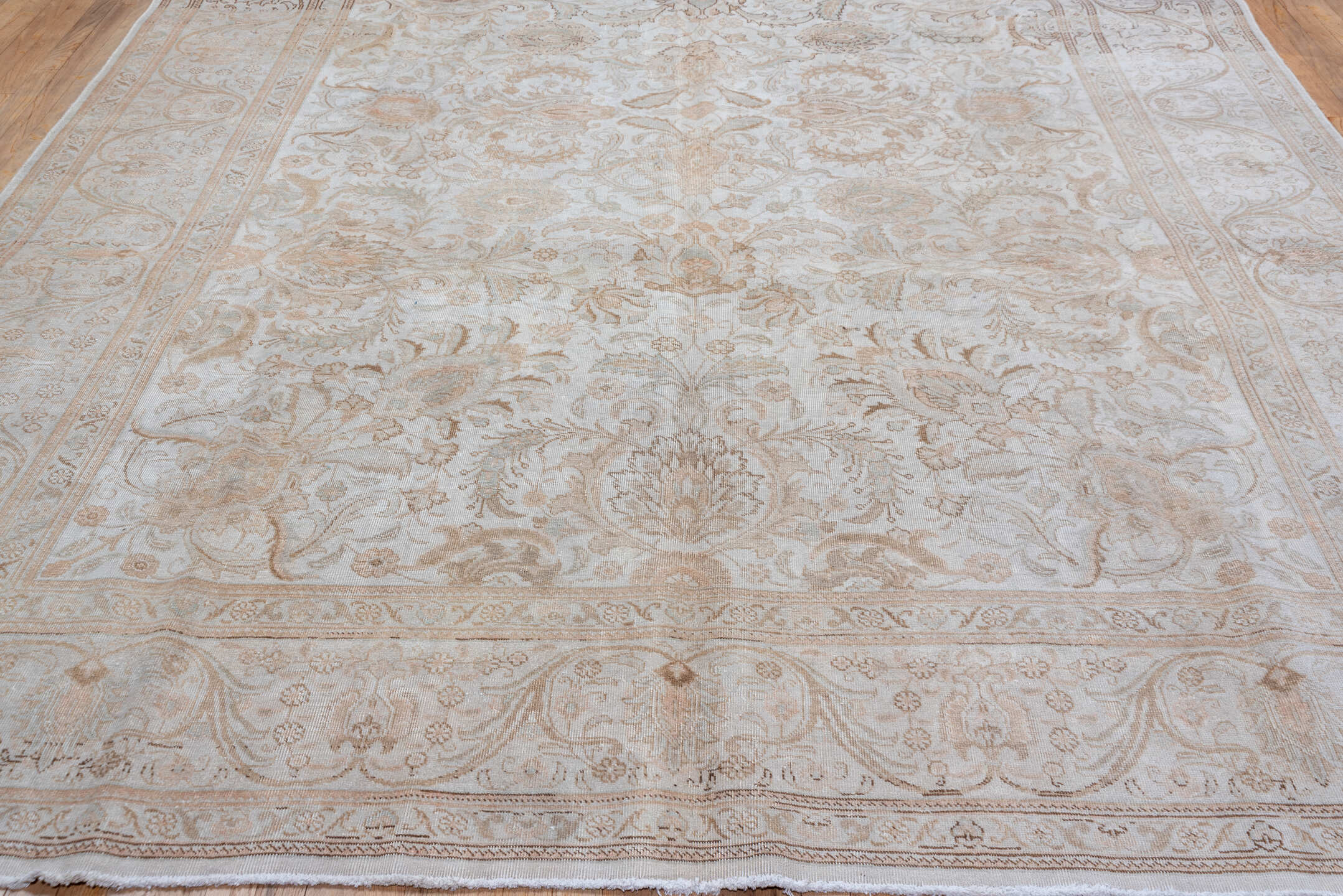 9' x 12' one-of-a-kind handmade vintage Tabriz large size rug. Color palette: ivory, beige, taupe, camel, sand, gray