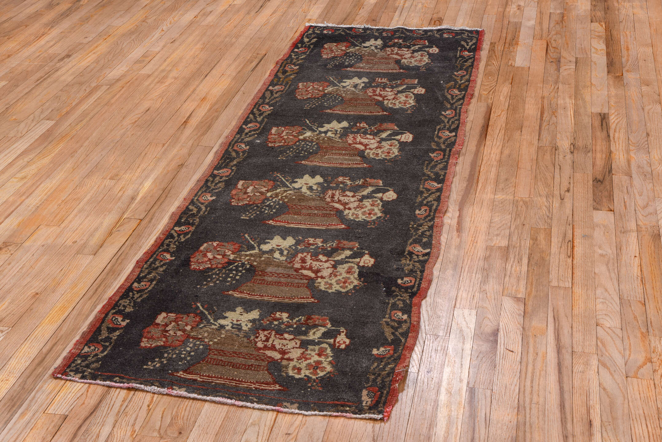 2' x 8' one-of-a-kind handmade vintage Oushak runner rug. Color palette: black, brown, charcoal, gray, off-white, pink, red