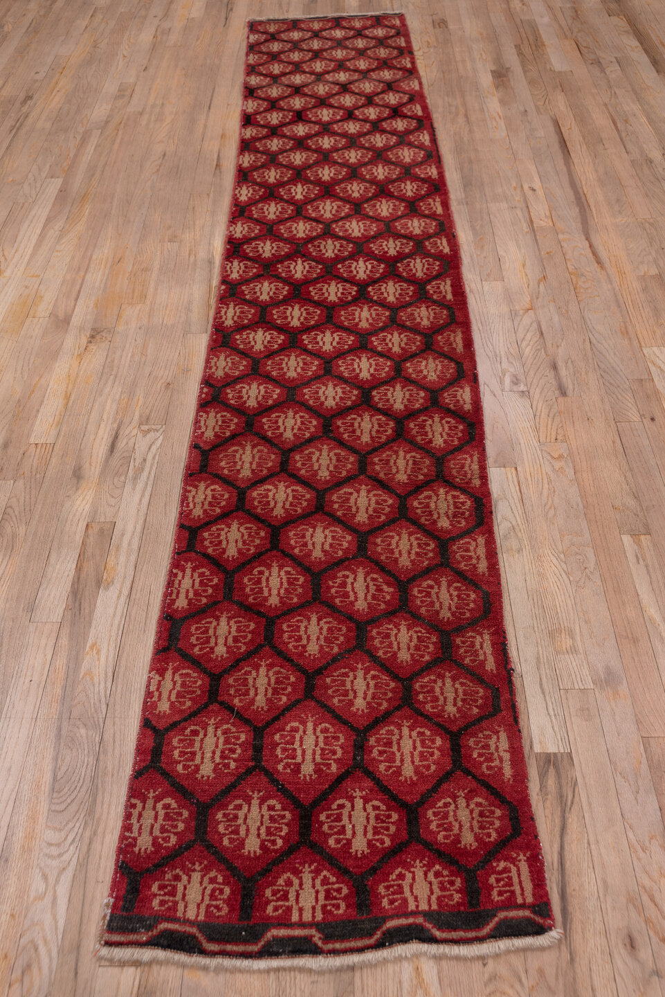2' x 12' one-of-a-kind handmade antique Oushak runner rug. Color palette: red, burgundy, ivory, charcoal, rose, gray, black