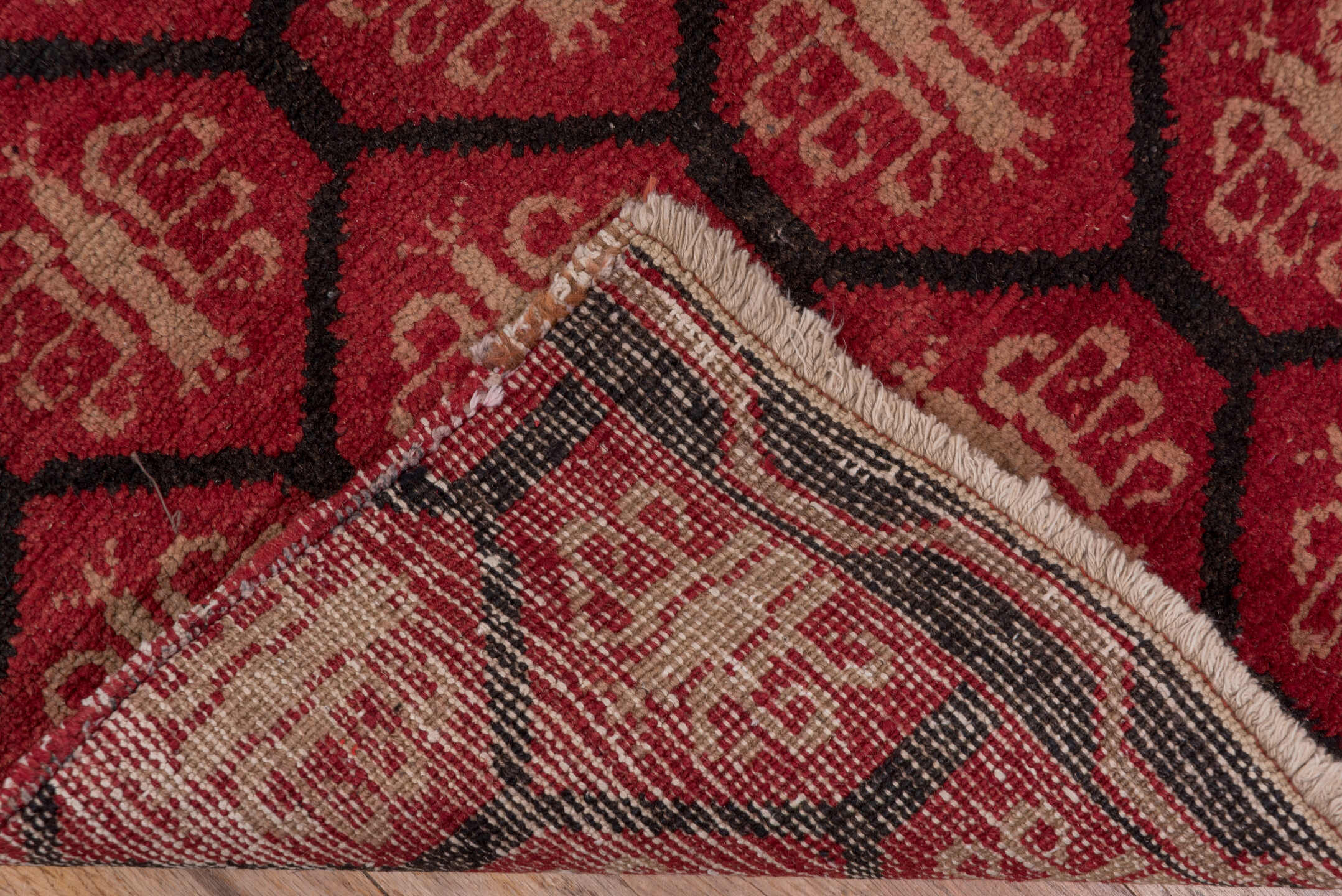 2' x 12' one-of-a-kind handmade antique Oushak runner rug. Color palette: red, burgundy, ivory, charcoal, rose, gray, black