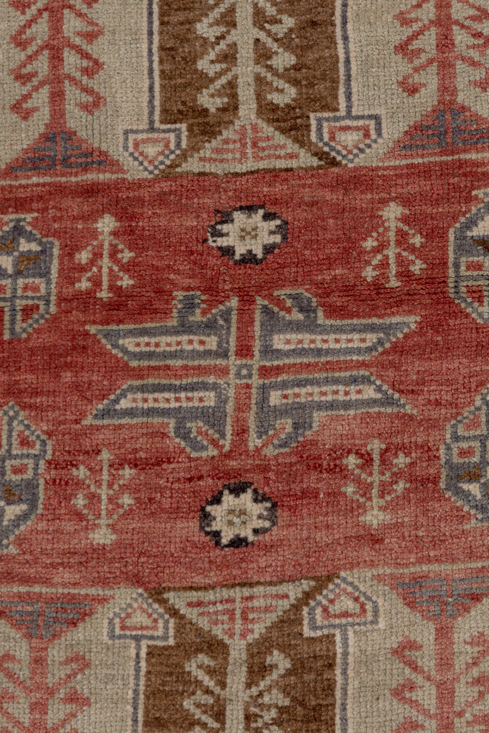 4' x 8' one-of-a-kind handmade antique Konya runner rug. Color palette: brown, coral, ivory, indigo, rust, taupe, slate