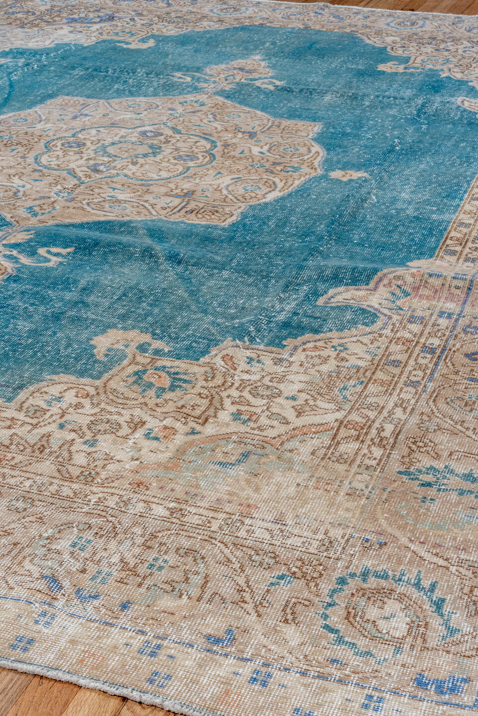 8' x 11' one-of-a-kind handmade vintage Oushak large size rug. Color palette: aqua, ivory, beige, sky blue, taupe, camel