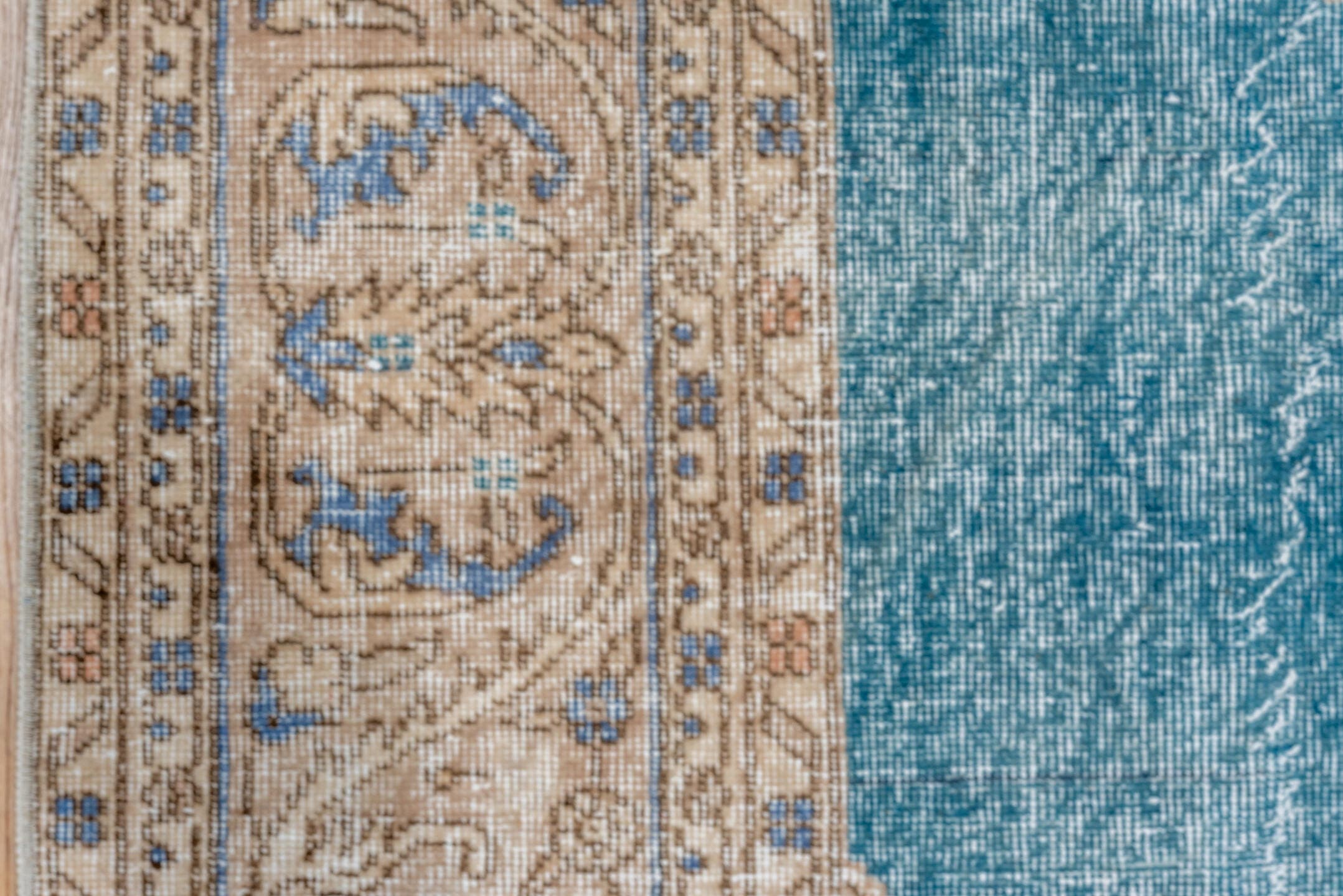 8' x 11' one-of-a-kind handmade vintage Oushak large size rug. Color palette: aqua, ivory, beige, sky blue, taupe, camel