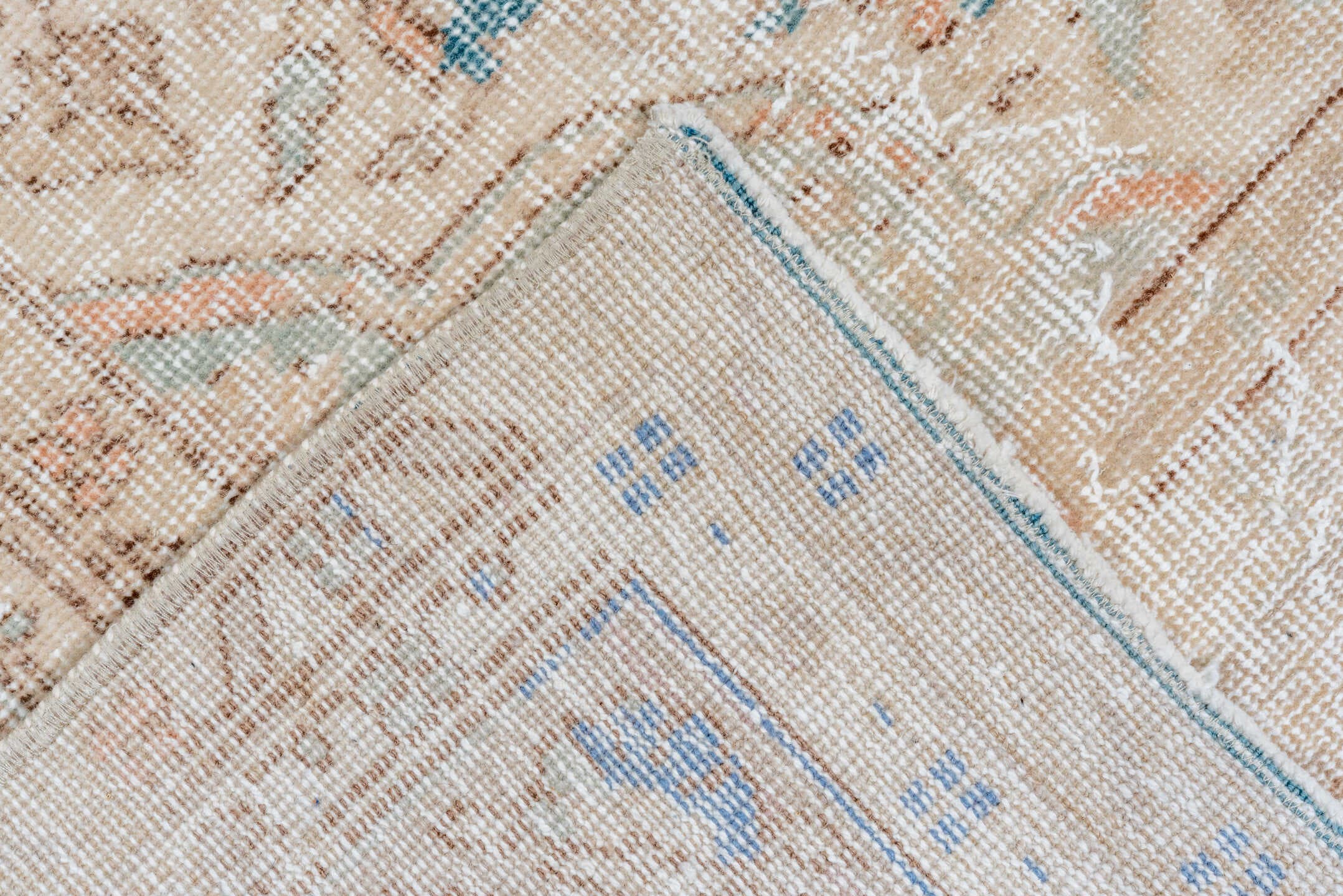 8' x 11' one-of-a-kind handmade vintage Oushak large size rug. Color palette: aqua, ivory, beige, sky blue, taupe, camel